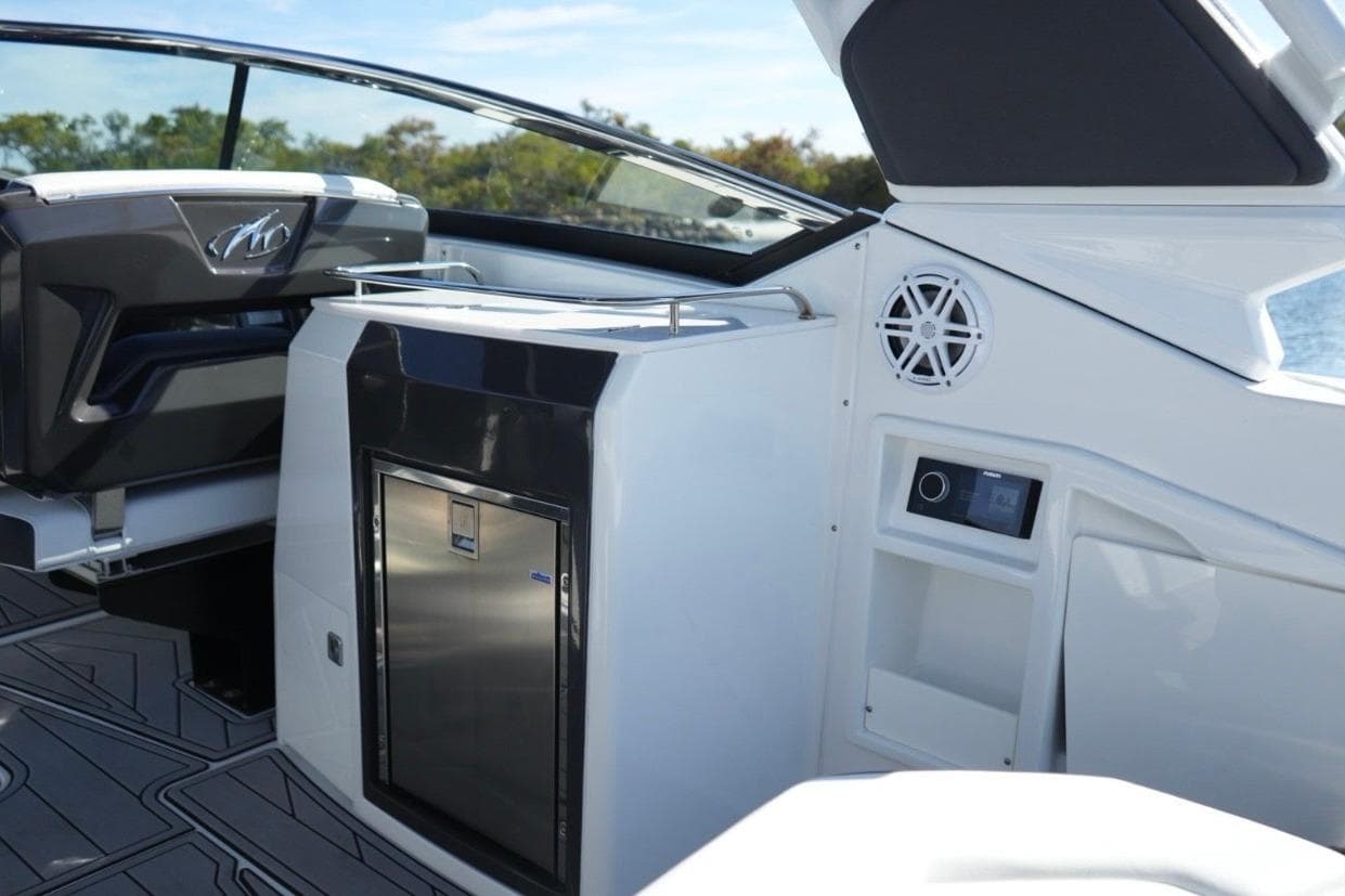 2023 Monterey 305SS Super Sport boat interior with sleek seating and modern amenities.