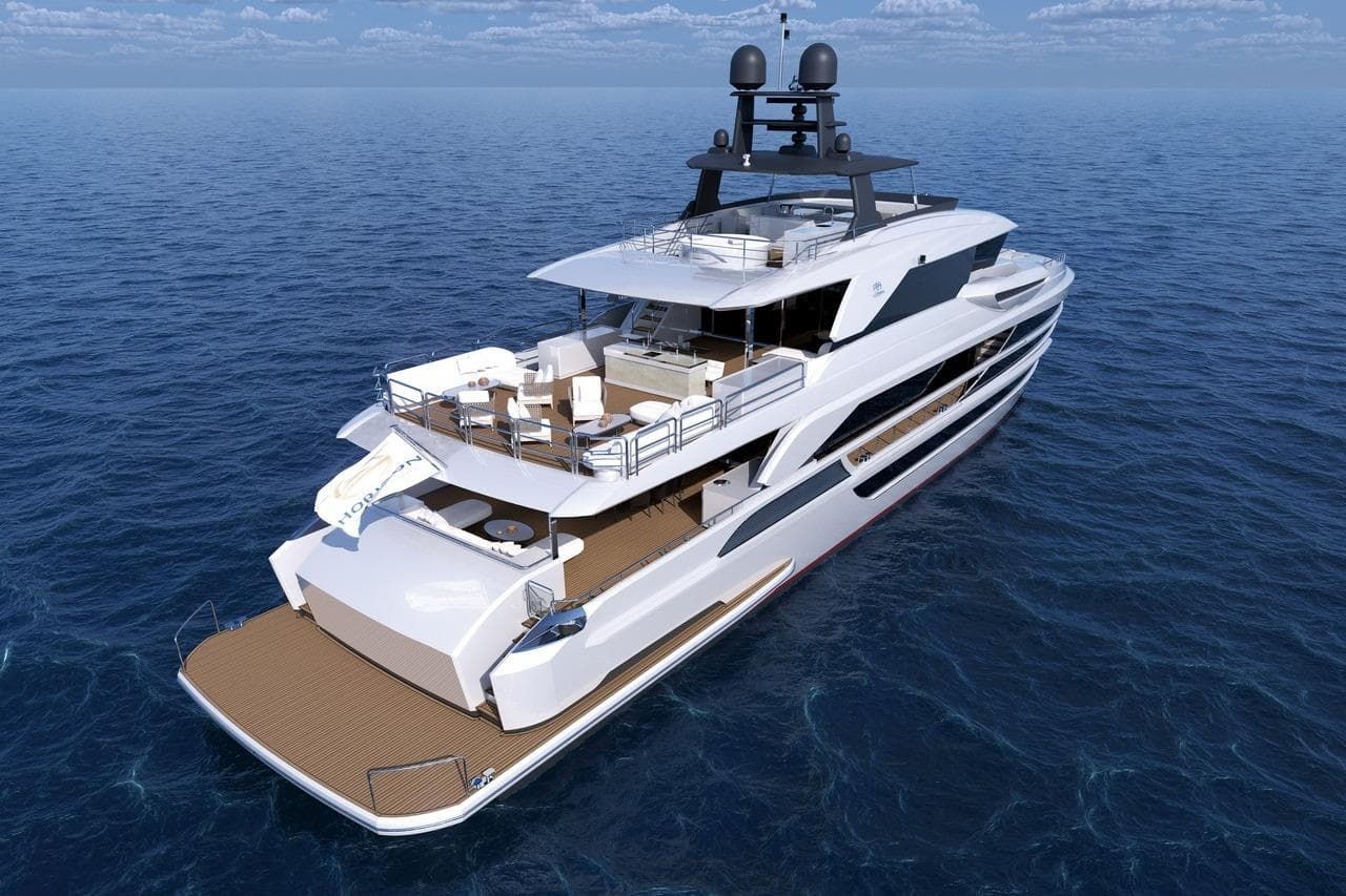 Luxurious 2028 Horizon FD130 yacht cruising on open sea, featuring spacious decks and modern design.