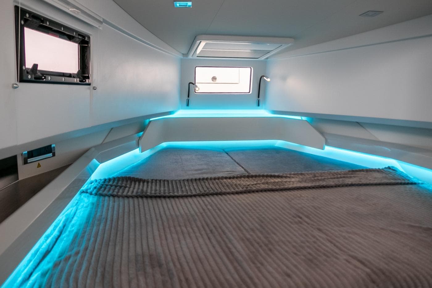 2024 Fjord 39 XP cabin interior with modern lighting and sleek design.