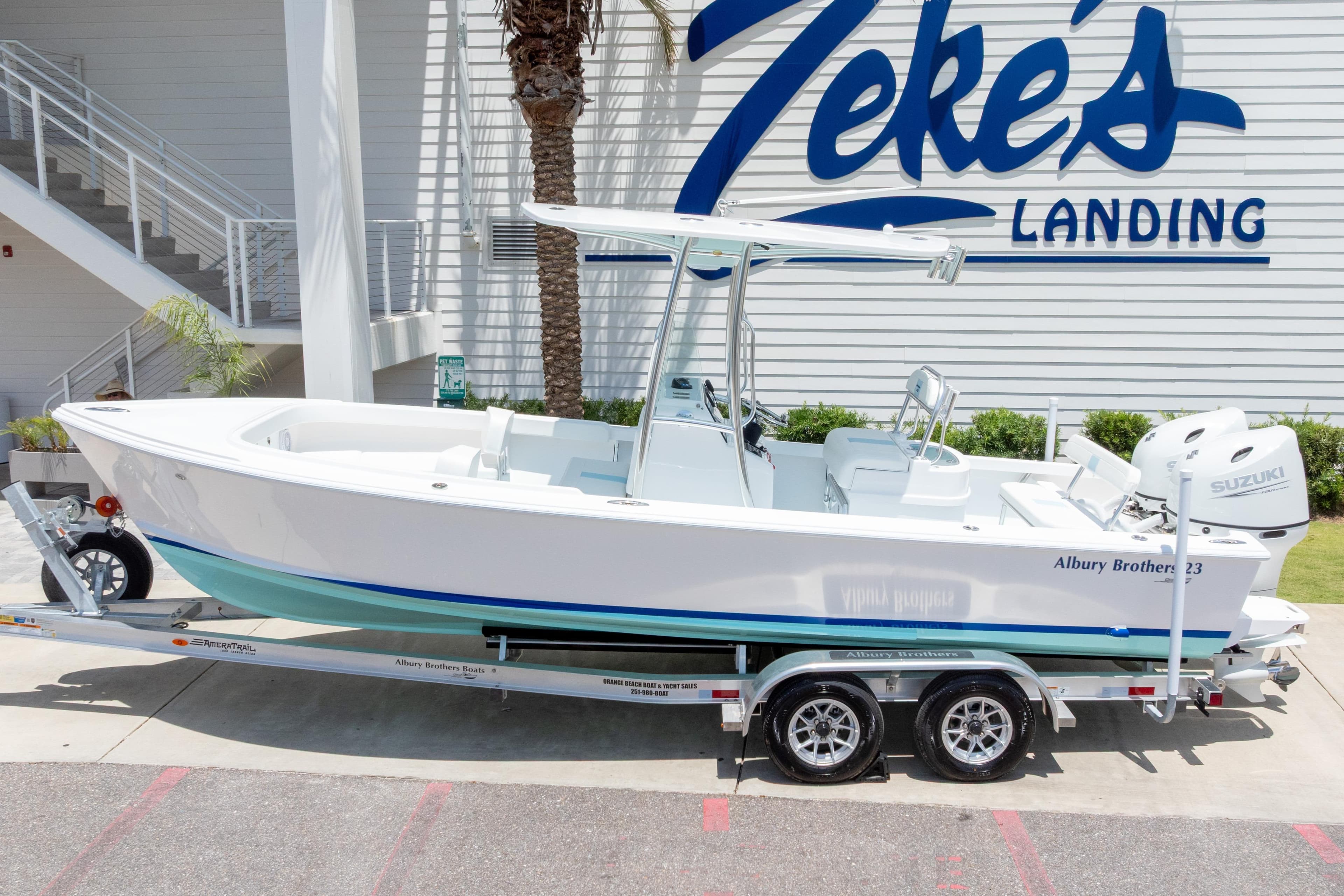 2026 Albury Brothers 23 Forward Seating boat on trailer at Zeke's Landing.