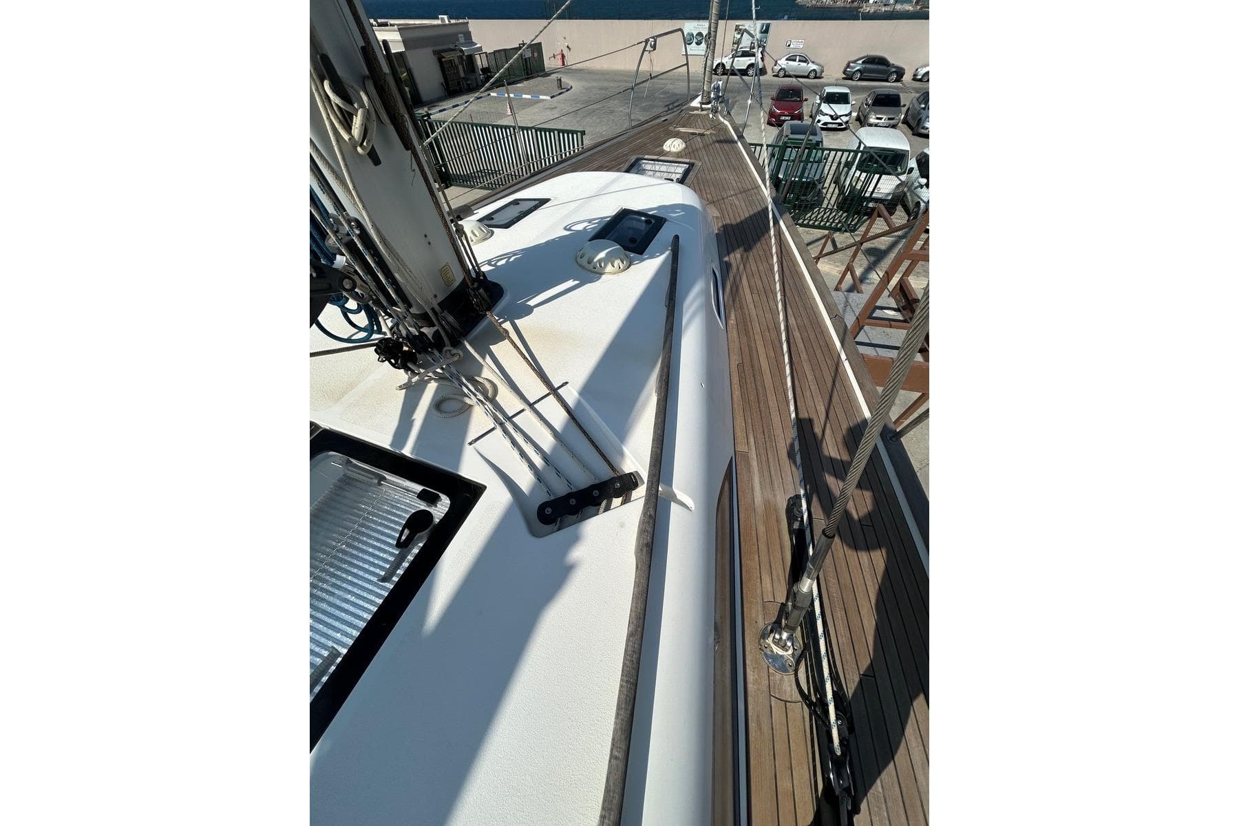 2021 Hallberg-Rassy 44 yacht deck with sleek design and modern fittings.