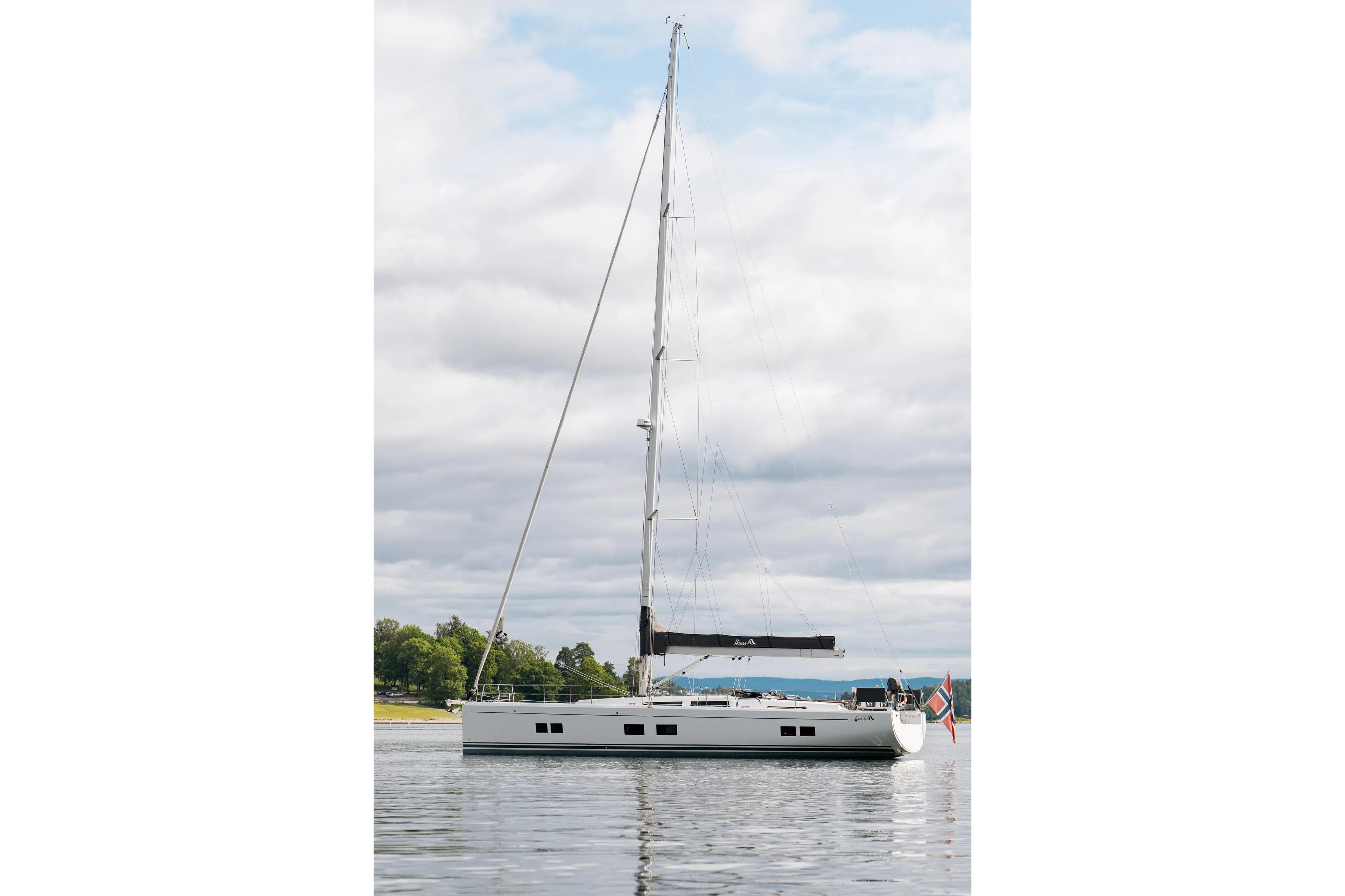 2019 Hanse 548 sailboat on calm water under cloudy sky.