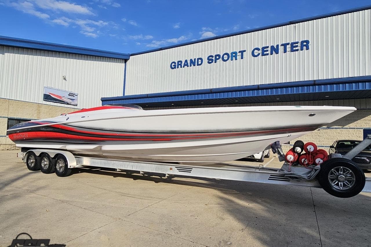 2008 Donzi 38 ZR speedboat on trailer at Grand Sport Center.