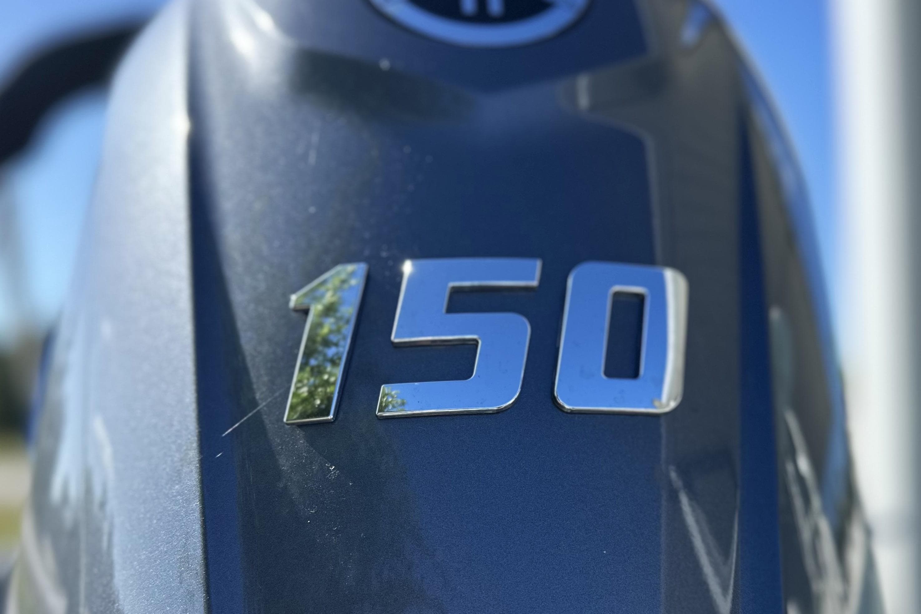 Close-up of "150" emblem on 2026 Avid 20 Rogue CC boat.