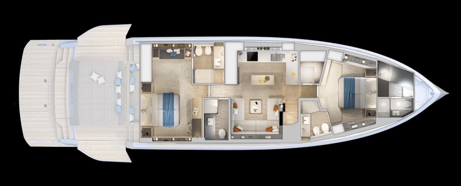 2026 Pardo Yachts GT75 interior layout, featuring luxurious cabins and spacious living areas.