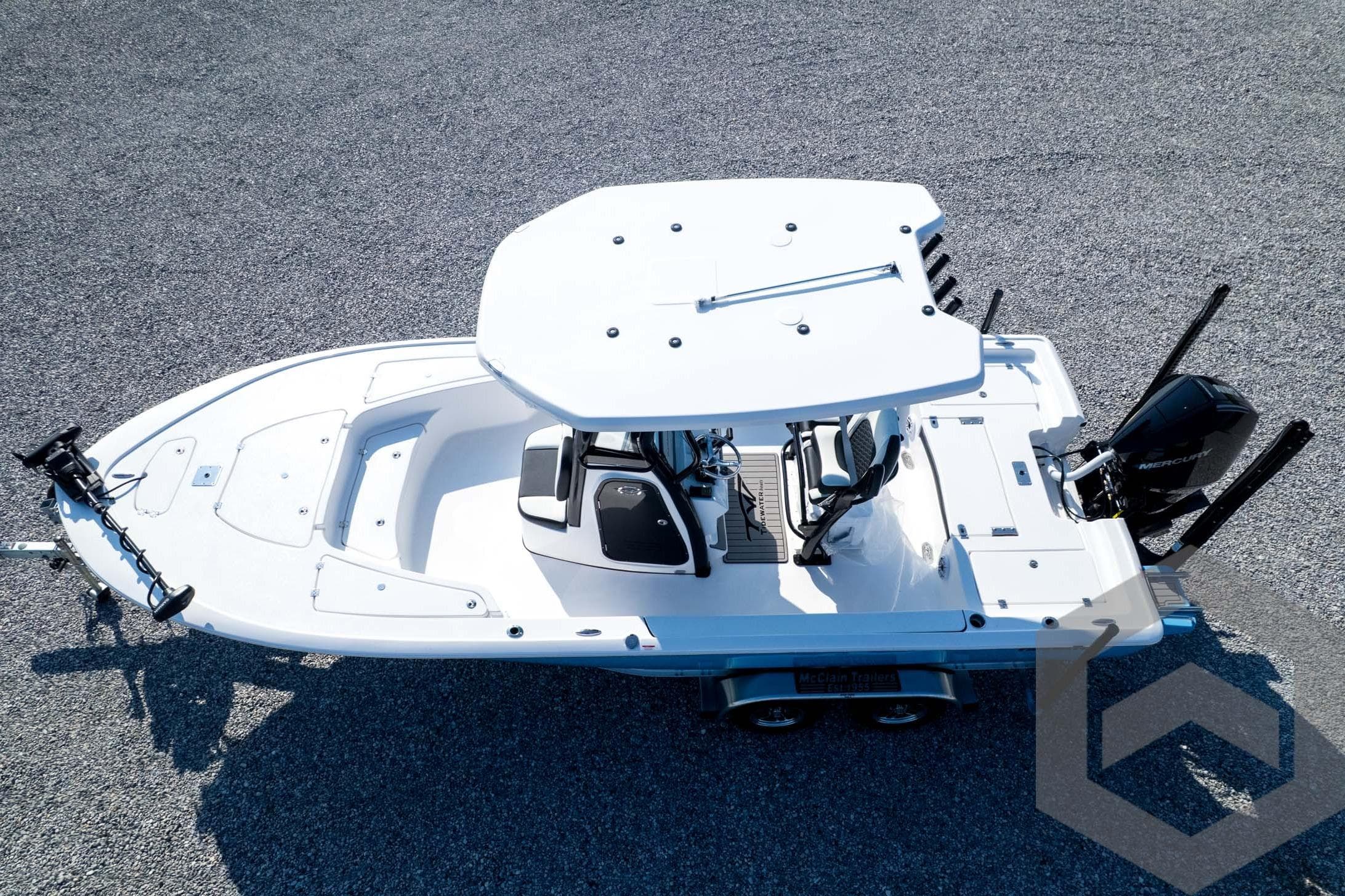 2026 Tidewater 2410 Bay Max boat on trailer, aerial view.