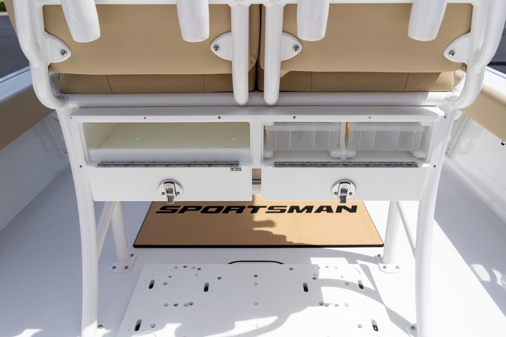 2026 Sportsman Masters 247 Bay Boat interior with storage compartments and seating.