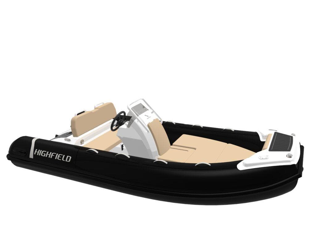 2025 Highfield Sport 390 inflatable boat with beige seating and black hull.