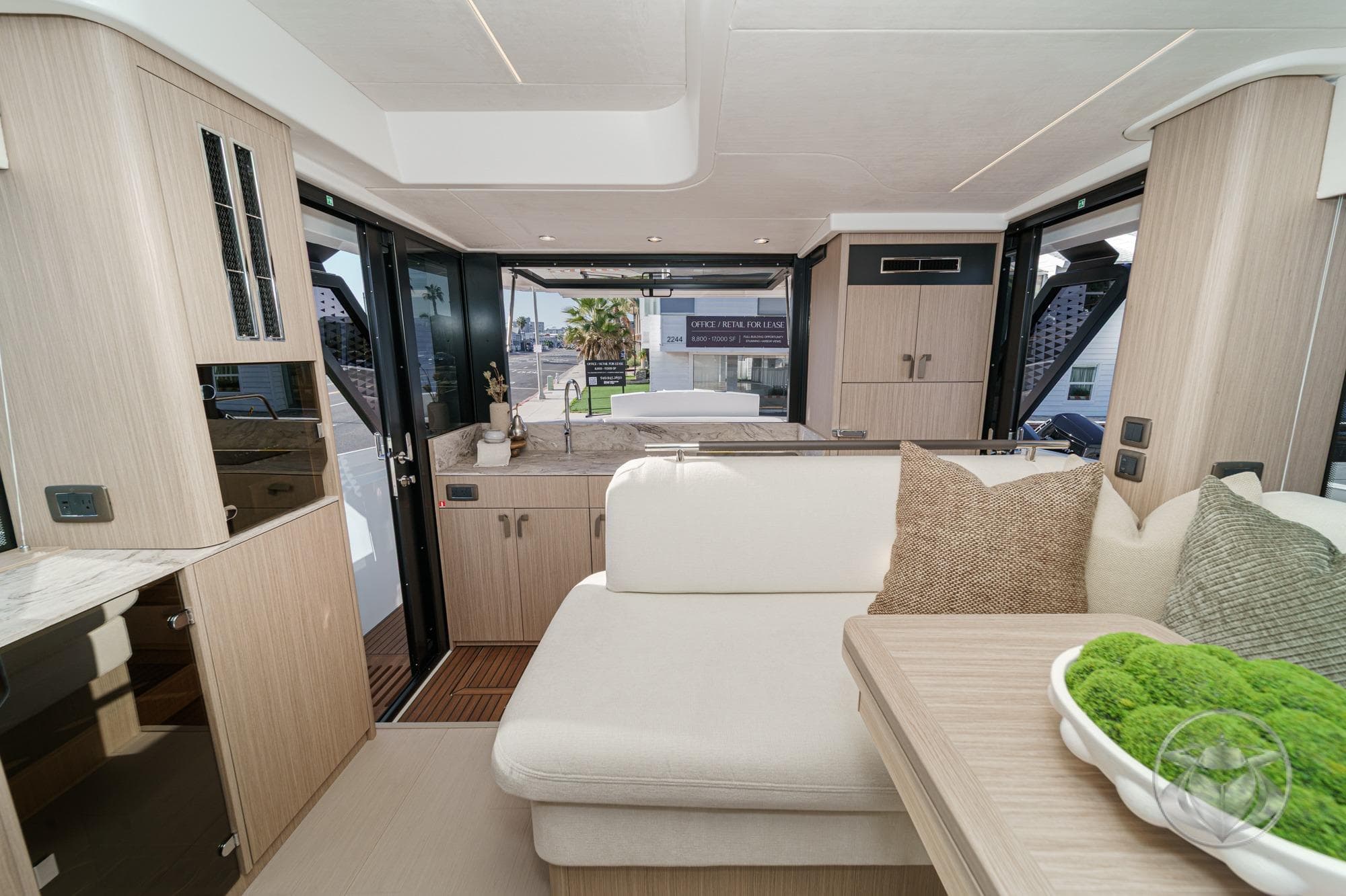 Luxurious interior of 2026 Prestige F4.3 yacht with modern design and elegant furnishings.