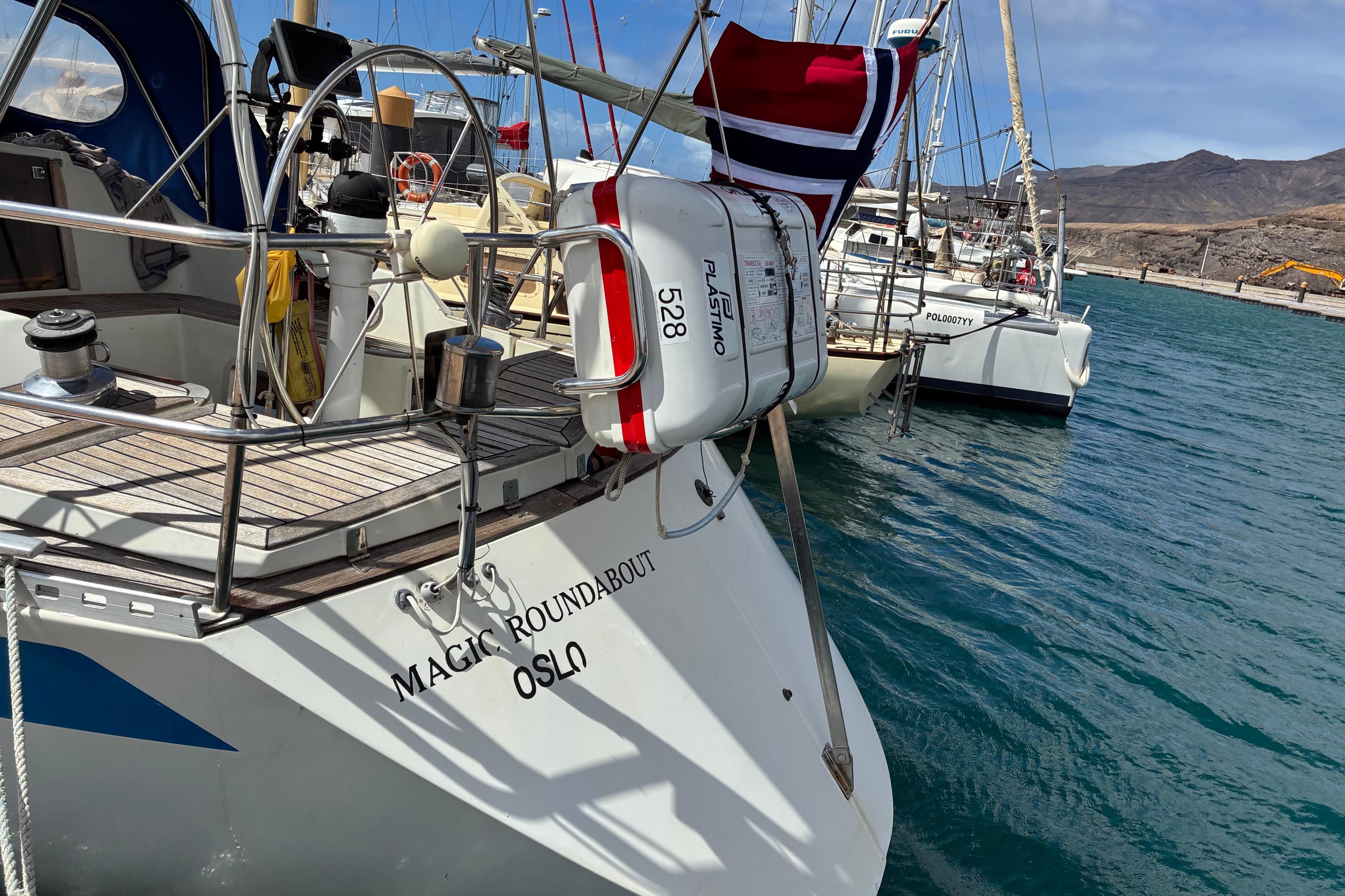 Sailing yacht "Magic Roundabout" docked, Sweden Yachts 340, 1989 model, in a marina.