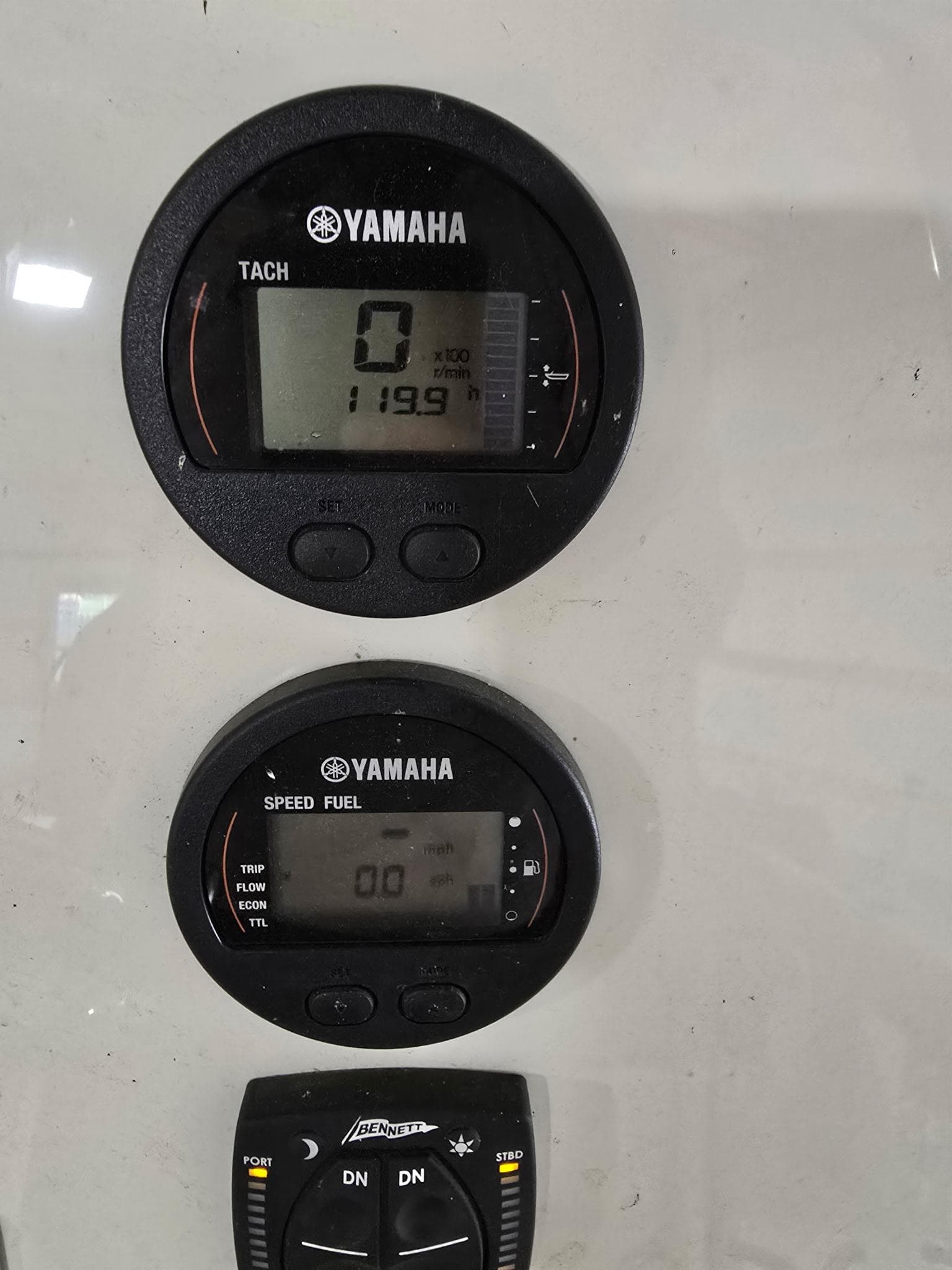 Yamaha boat gauges on 2023 Key West 219 FS, displaying tachometer and speed fuel indicators.