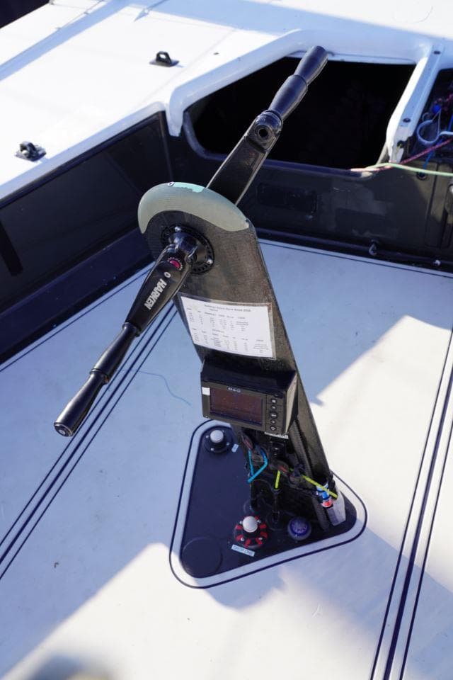 Steering mechanism of a 2015 Judel and Vrolijk TP 52 sailboat.
