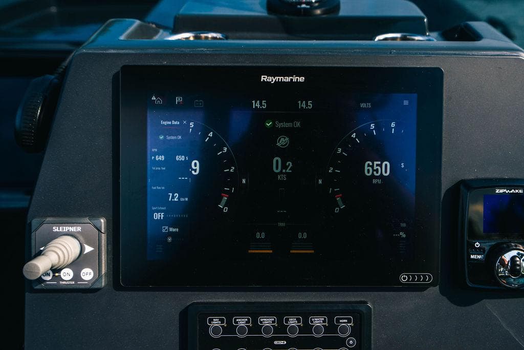 Dashboard of 2024 Onda Magna boat with Raymarine display showing engine data.