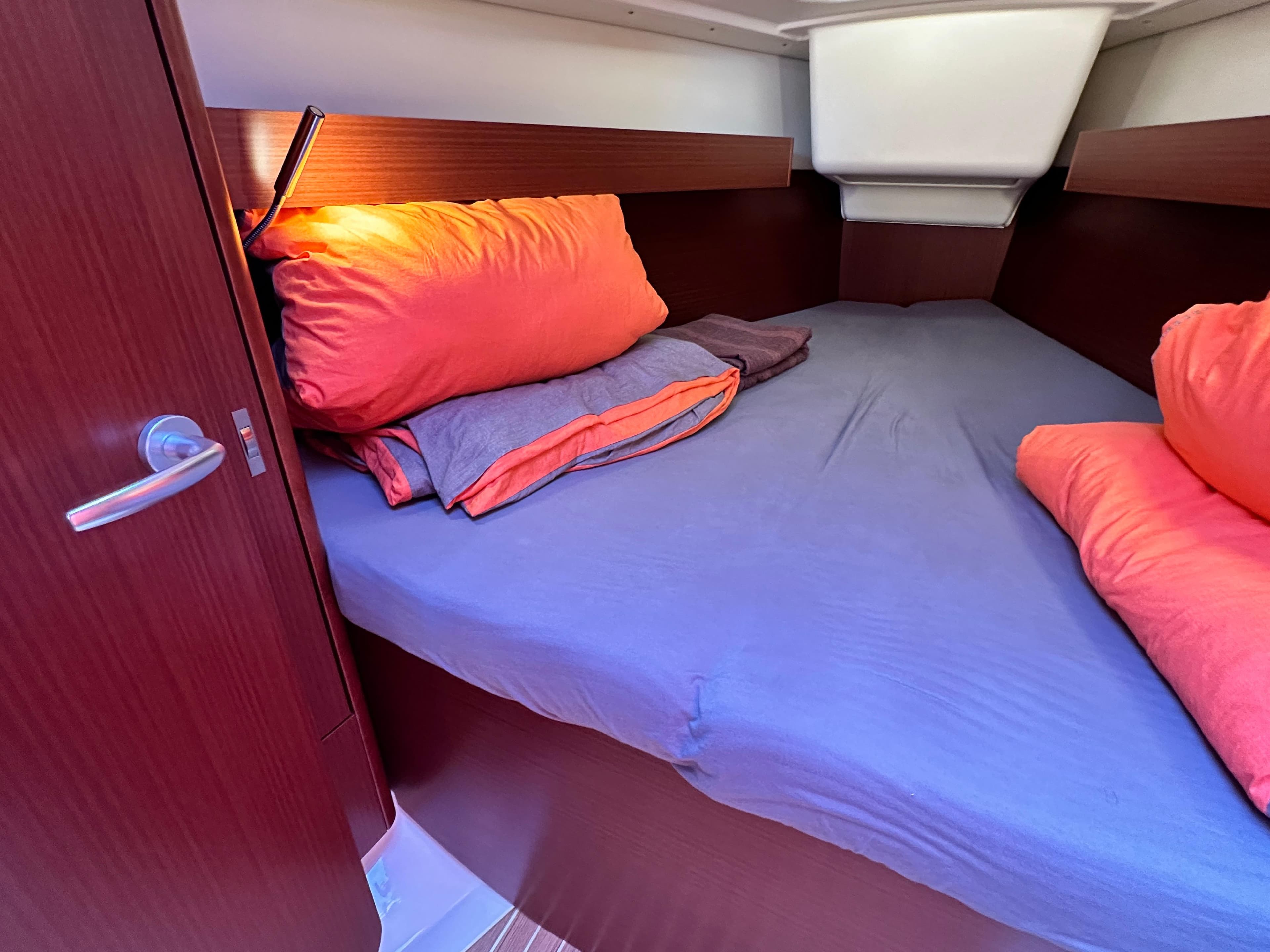 Interior of Dehler 34 yacht, cozy sleeping cabin, 2023 model.