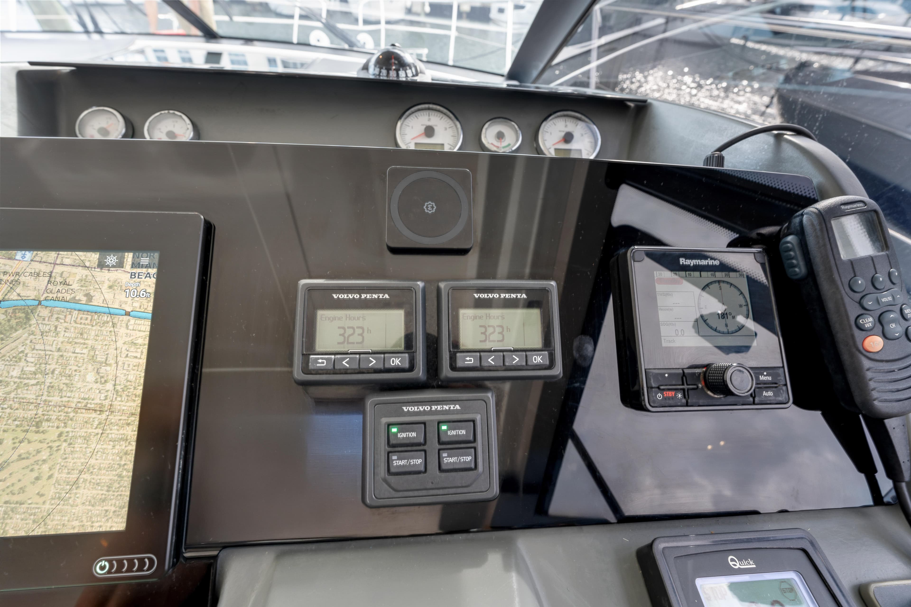 Control panel of 2018 Jeanneau Leader 46 yacht with navigation and communication devices.