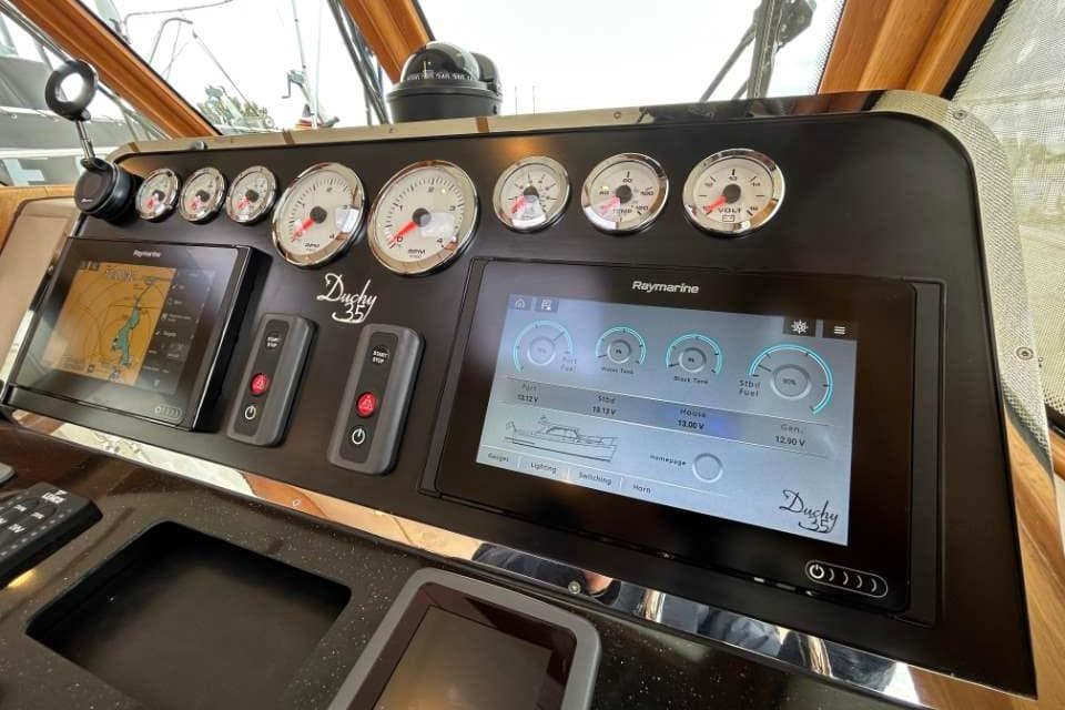 Cockwells Duchy 35 dashboard with navigation and control displays, 2019 model.
