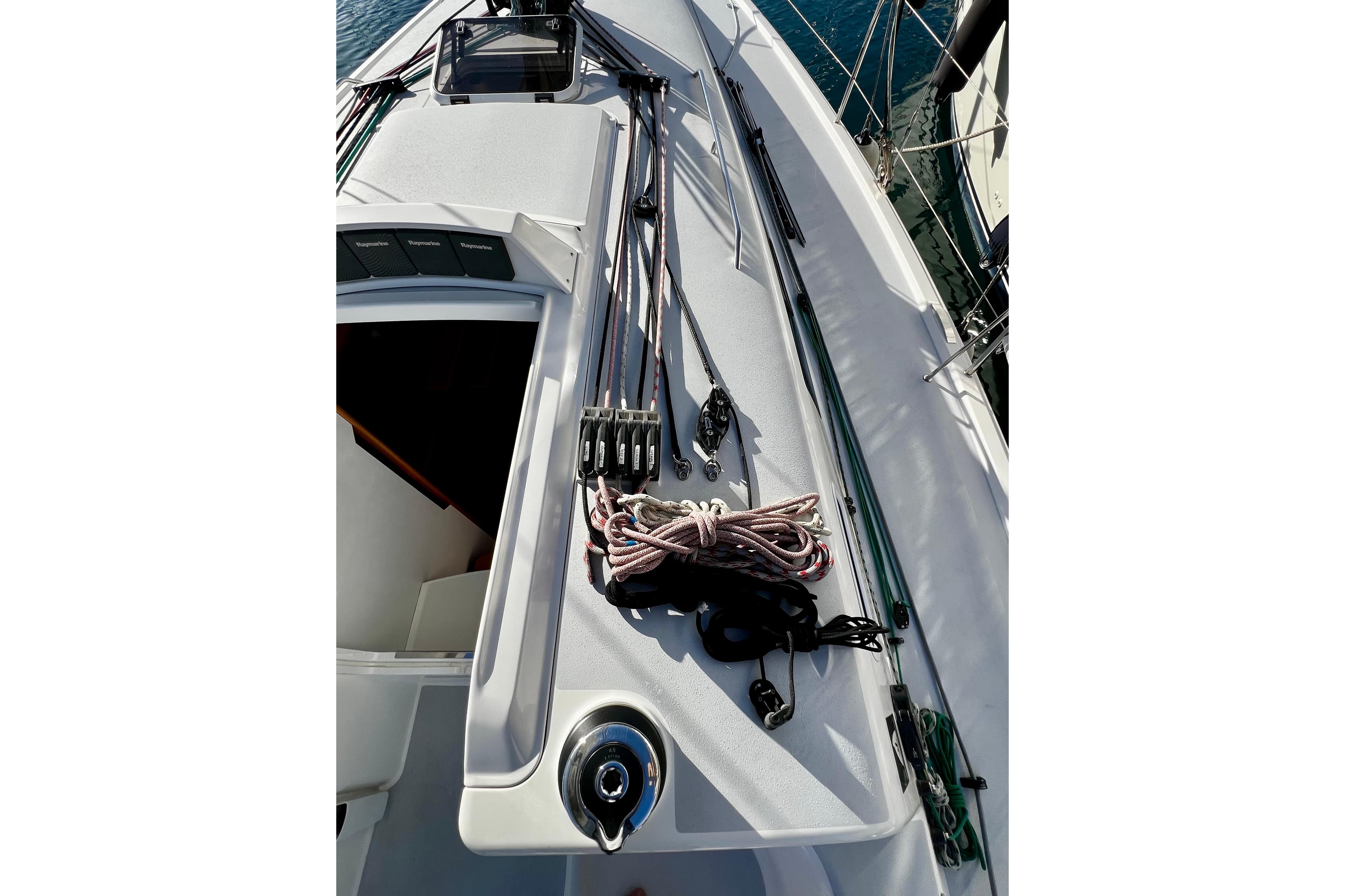 2018 J-Composites J/112E sailboat deck with ropes and equipment.