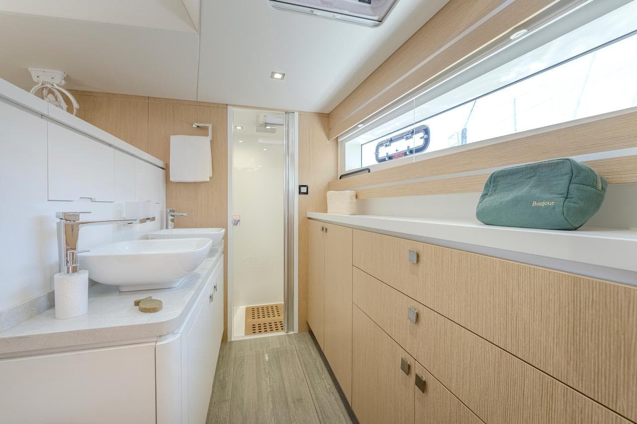 Luxurious bathroom on the Privilege Signature 510 yacht, year 2025.
