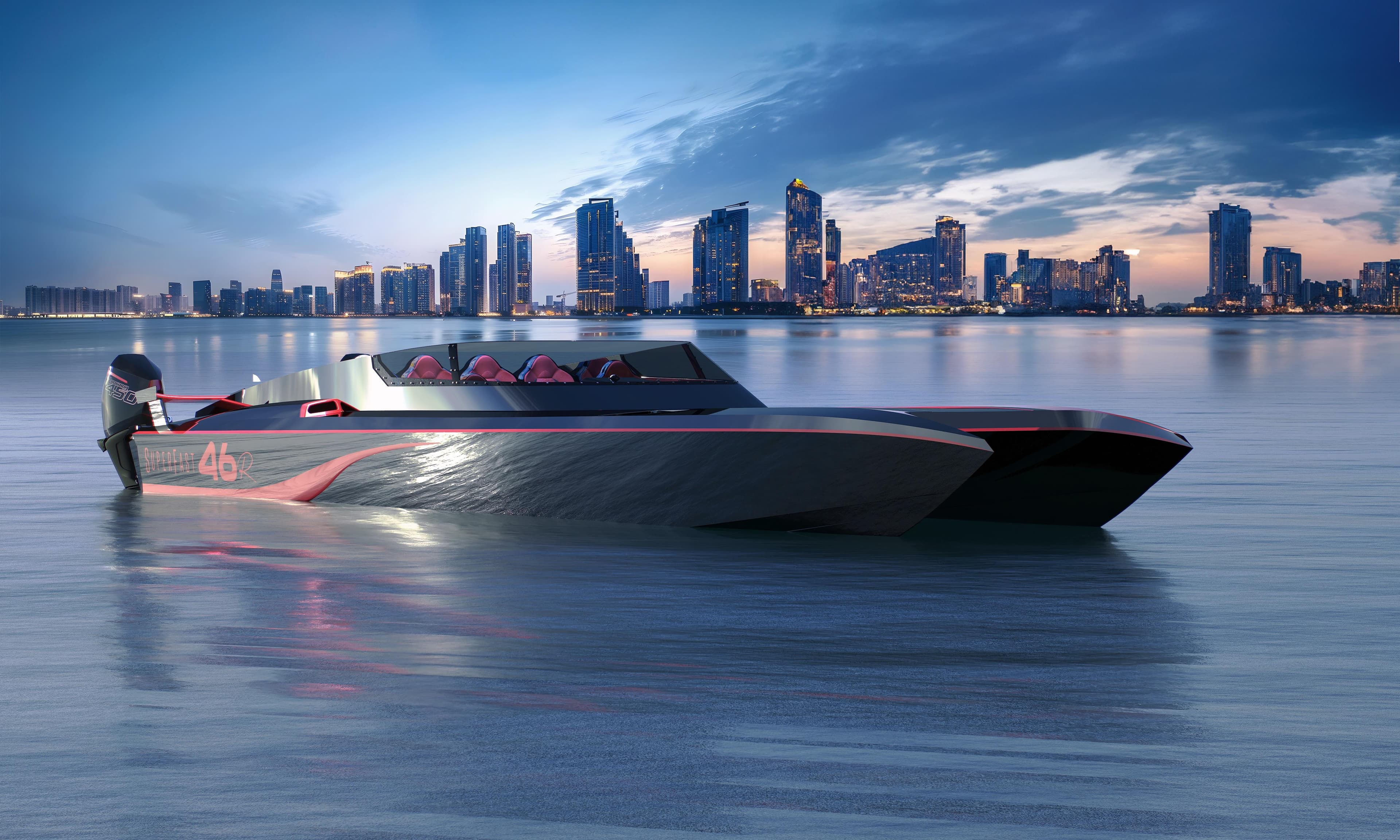 Futuristic VisionF Superfast 46R yacht on calm waters with city skyline backdrop, 2025 model.