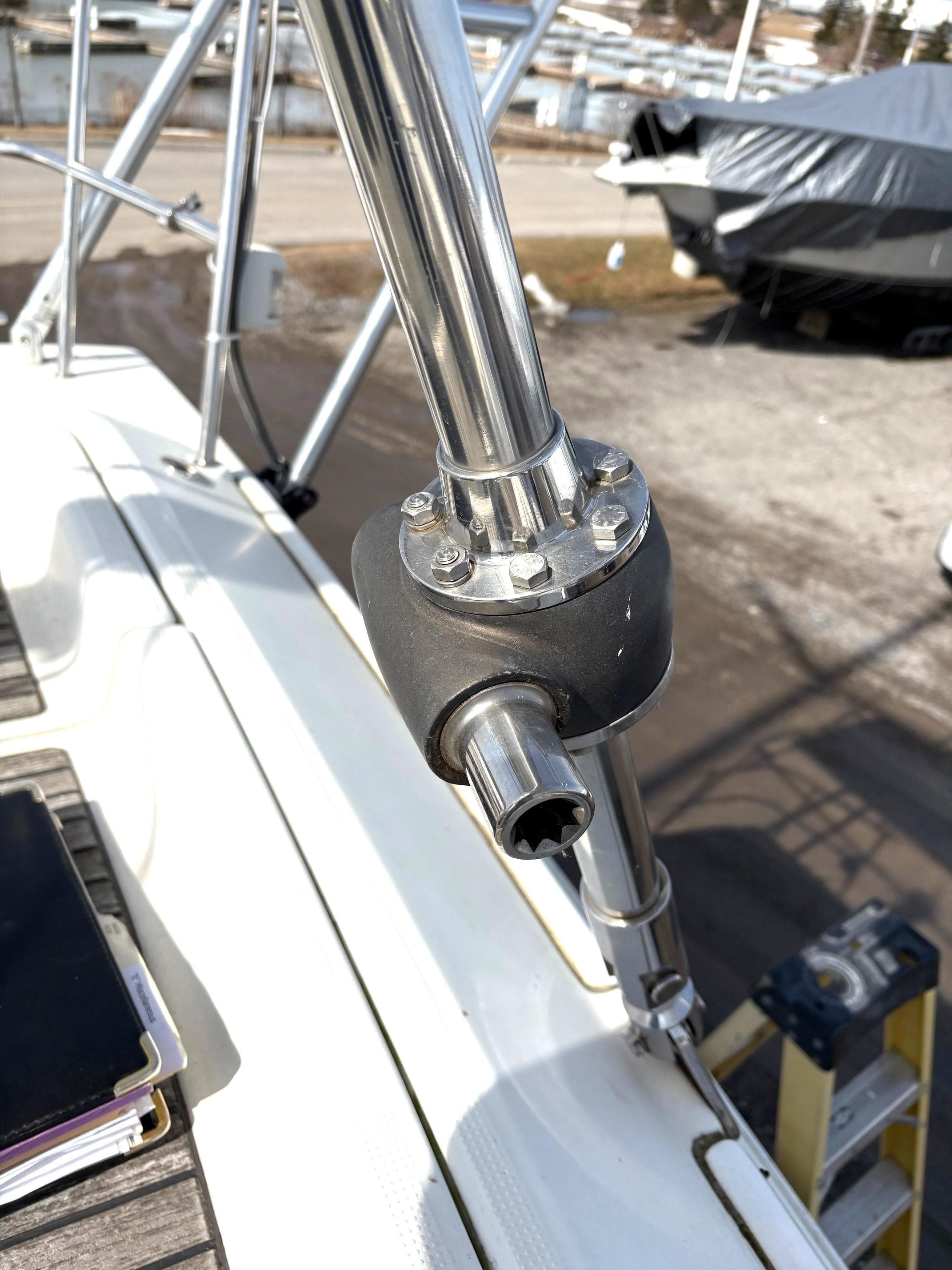 Close-up of a 2005 Beneteau First 47.7 sailboat's stainless steel rigging component.