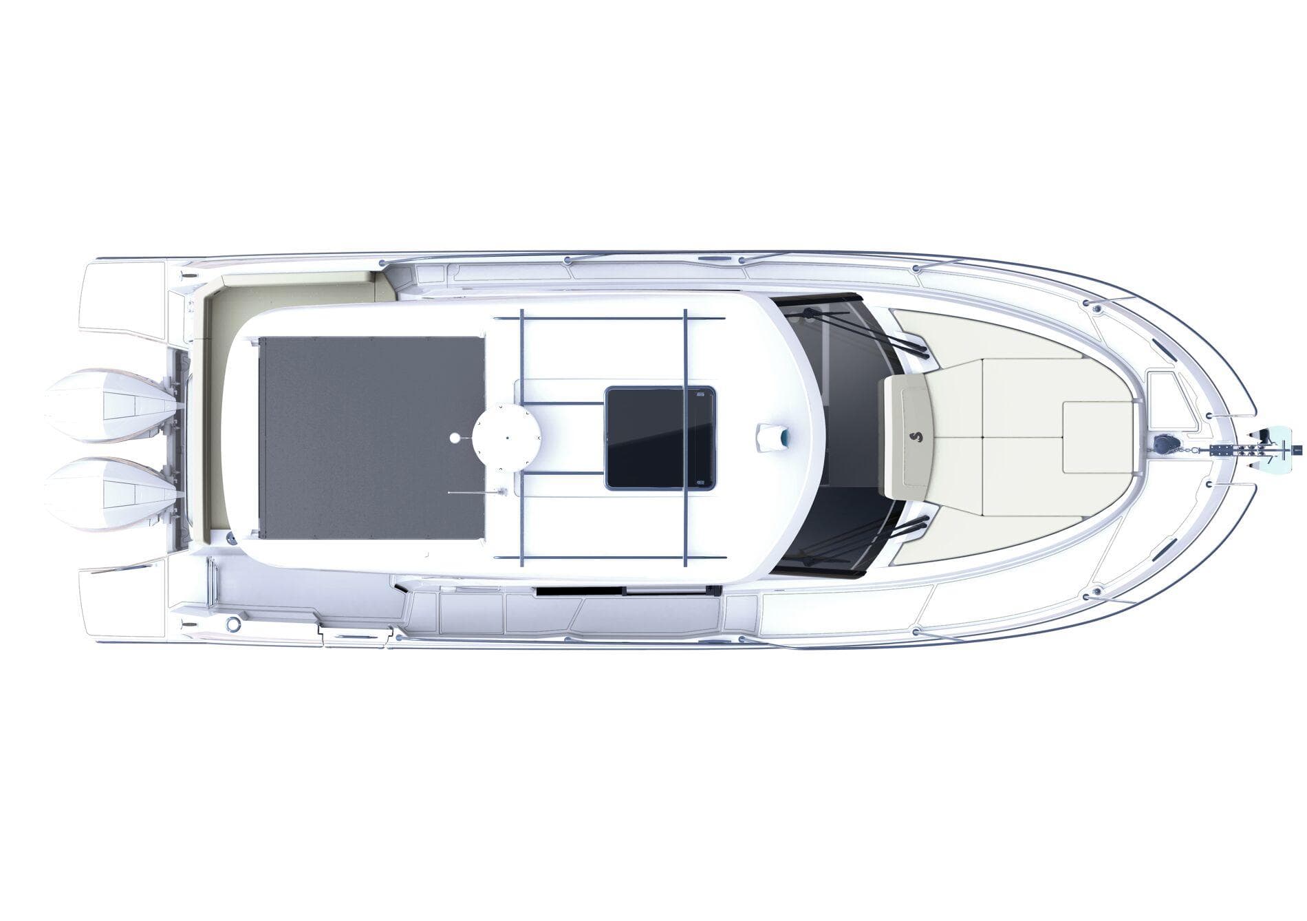 Top view of 2025 Beneteau Antares 9 boat layout, showcasing sleek design and spacious deck.