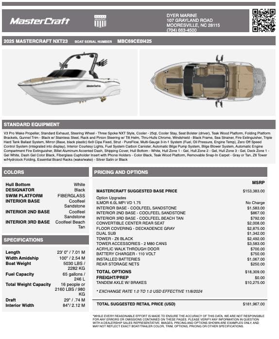 2025 MasterCraft NXT23 boat specifications and pricing sheet with top and side views.