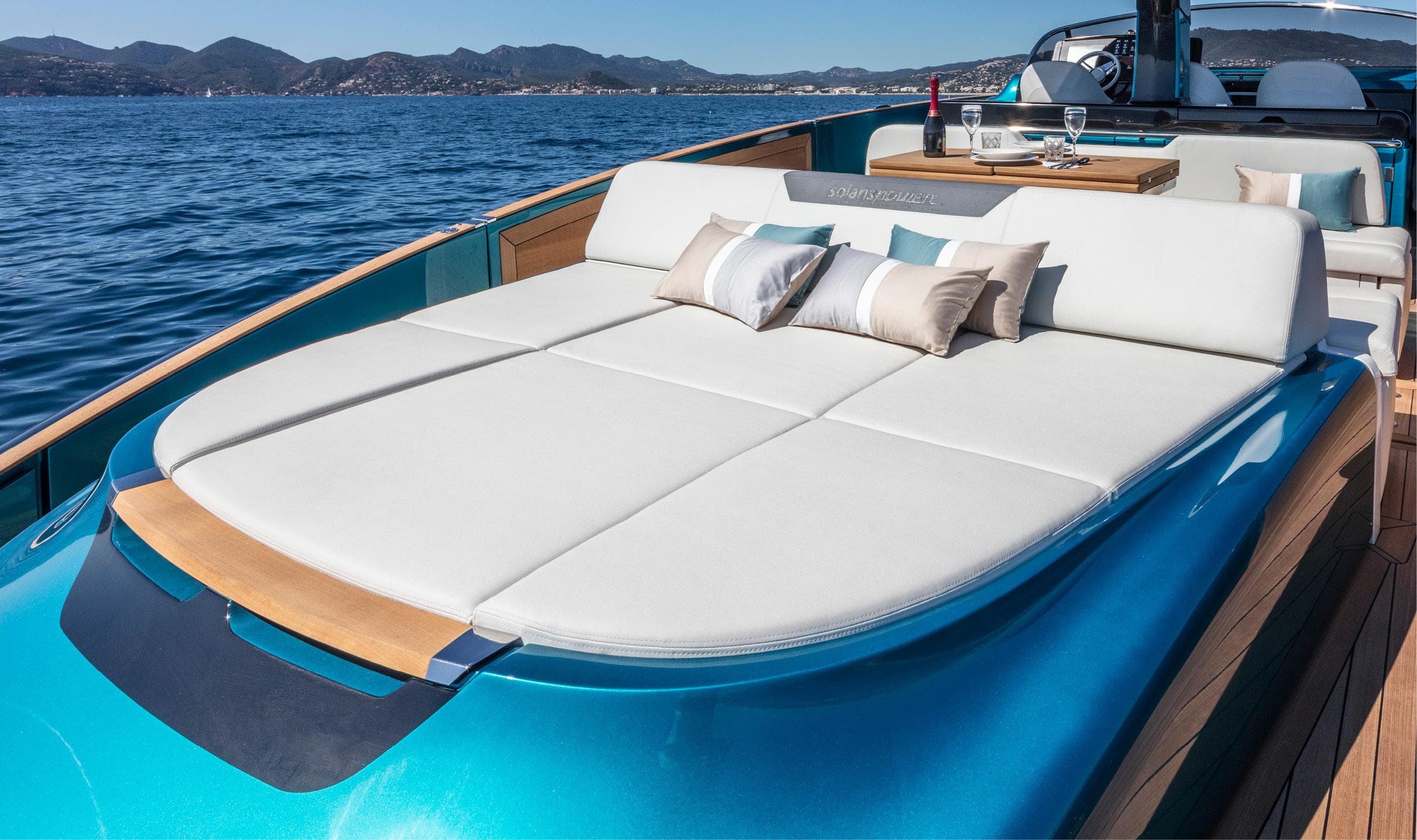 2024 Solaris Power 48 OPEN luxury yacht with sunbathing area on the deck.