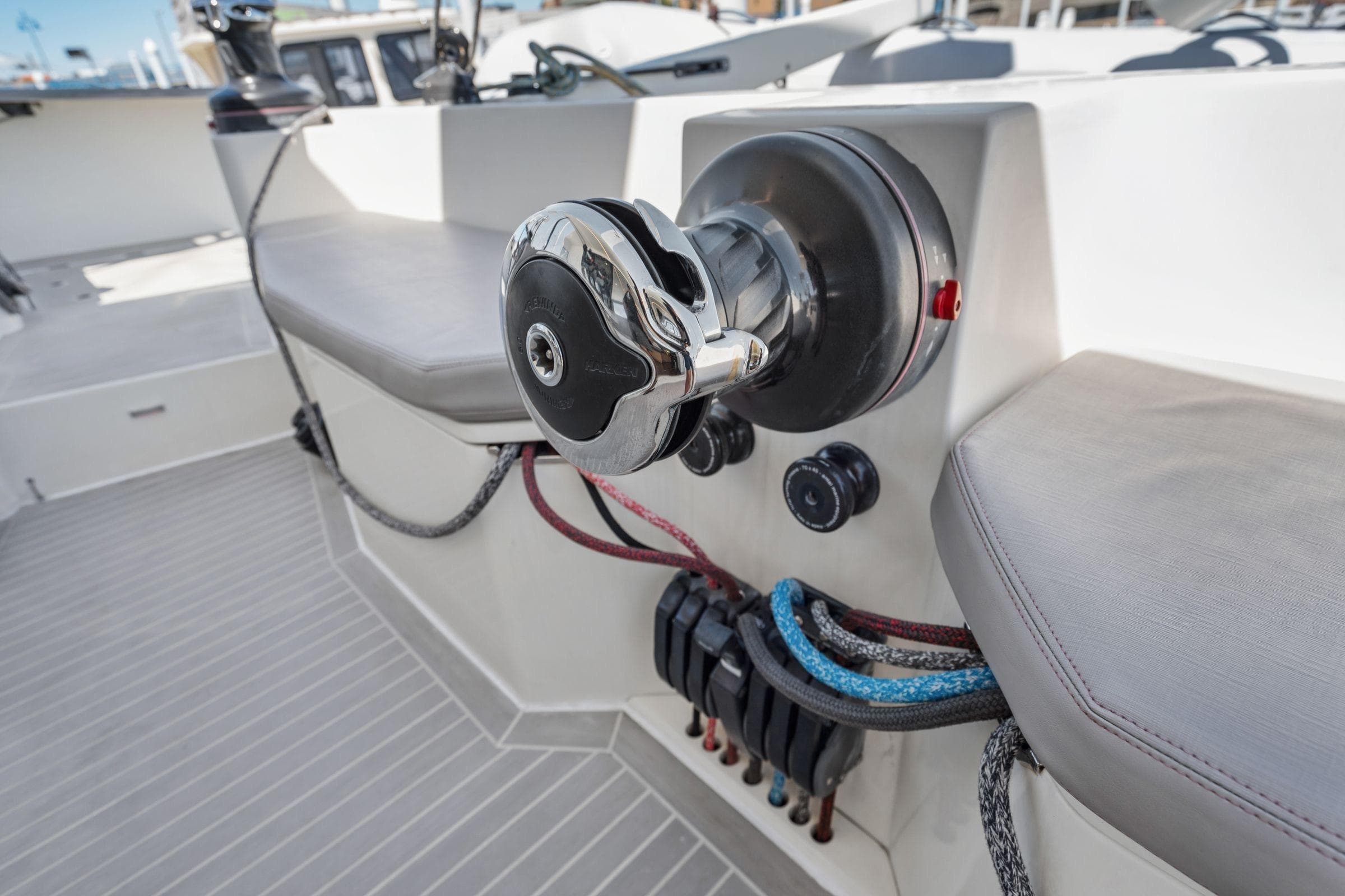 2019 Itacatamarans 14.99 yacht helm station with winch and ropes.