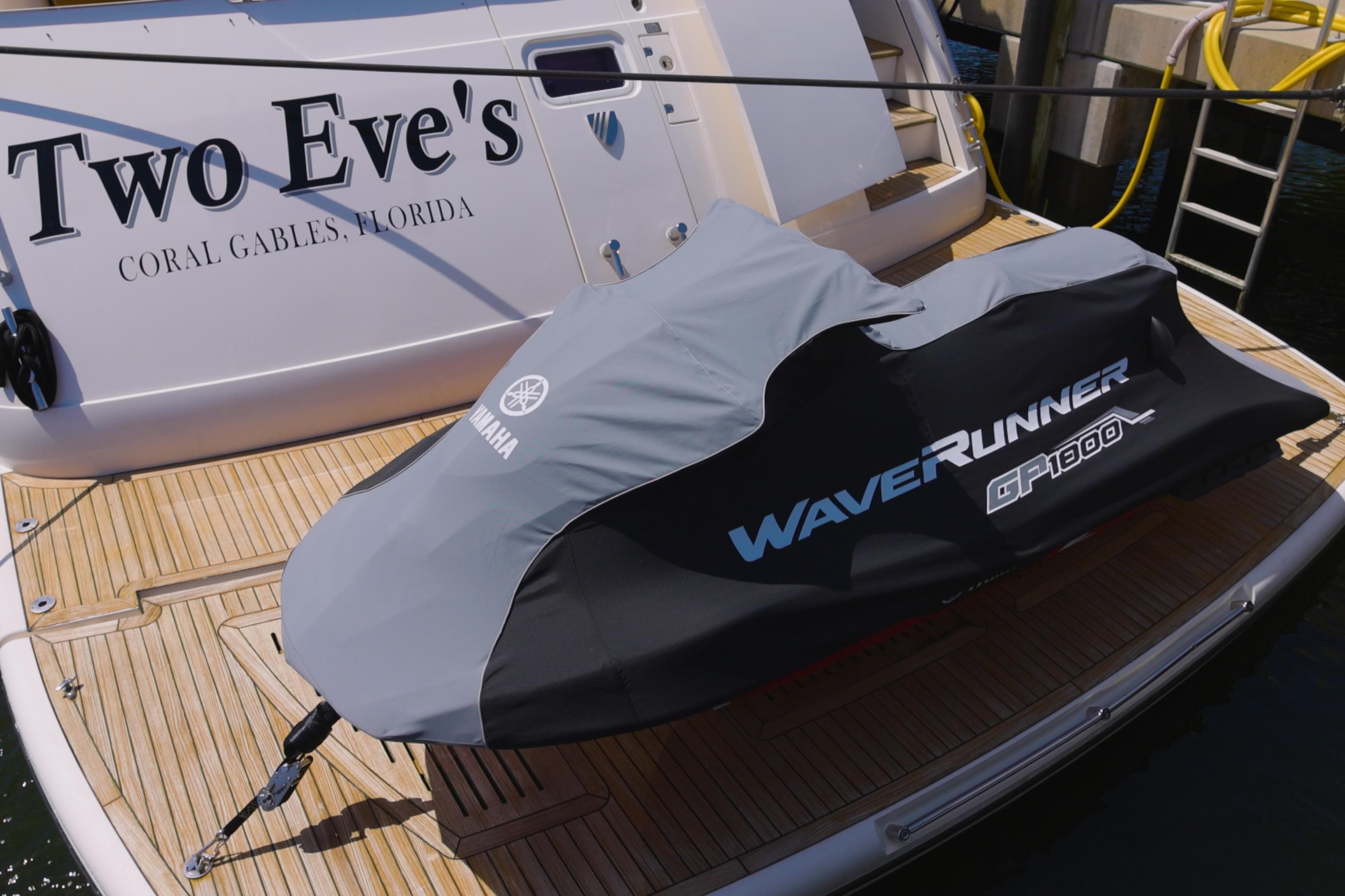Fairline Squadron 78 Custom yacht with Yamaha WaveRunner GP1300R on deck, Coral Gables, Florida.