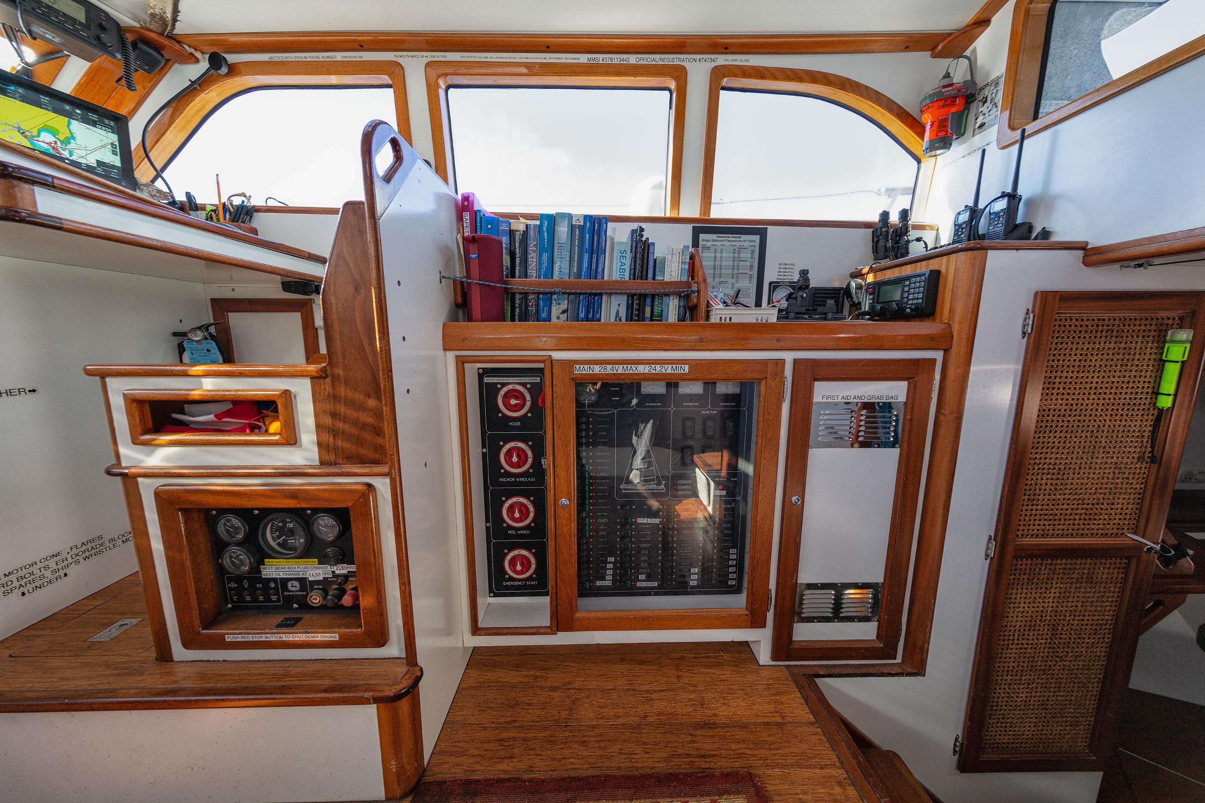 Interior of 2016 Custom Good Hope 56 yacht with navigation equipment and control panels.