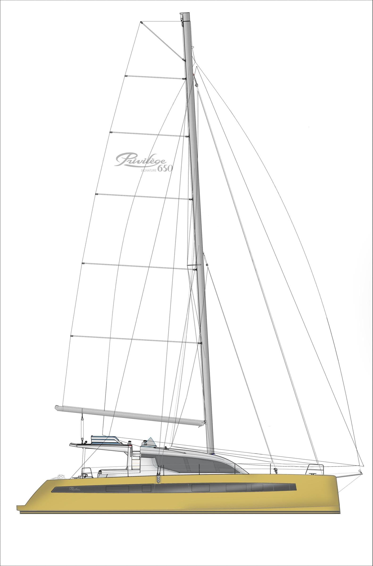 2025 Privilege Signature 650 catamaran with sleek design and spacious deck layout.