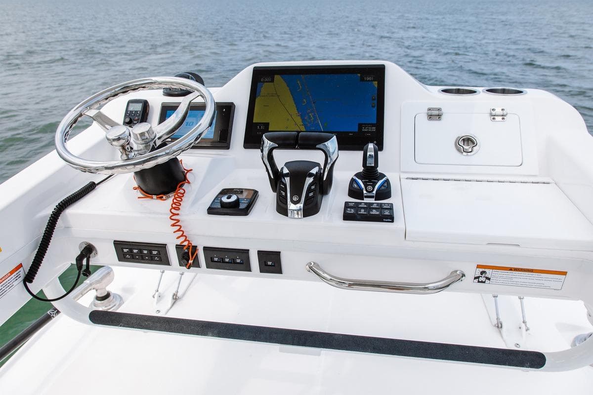 2026 Everglades 395 Center Console boat dashboard with navigation and control systems.