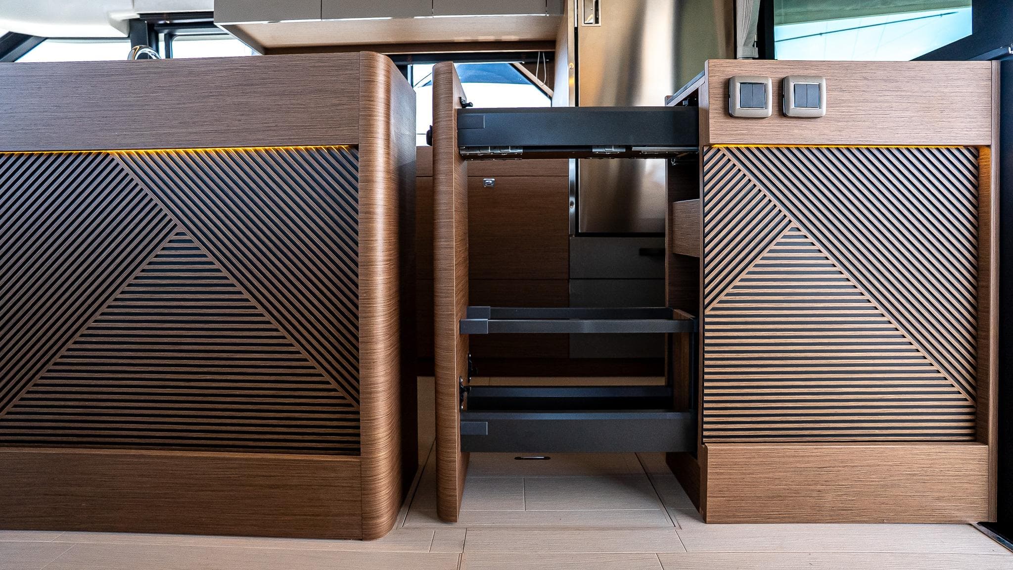 Modern interior design of Prestige M48 yacht, featuring sleek wood paneling and geometric patterns, 2026 model.