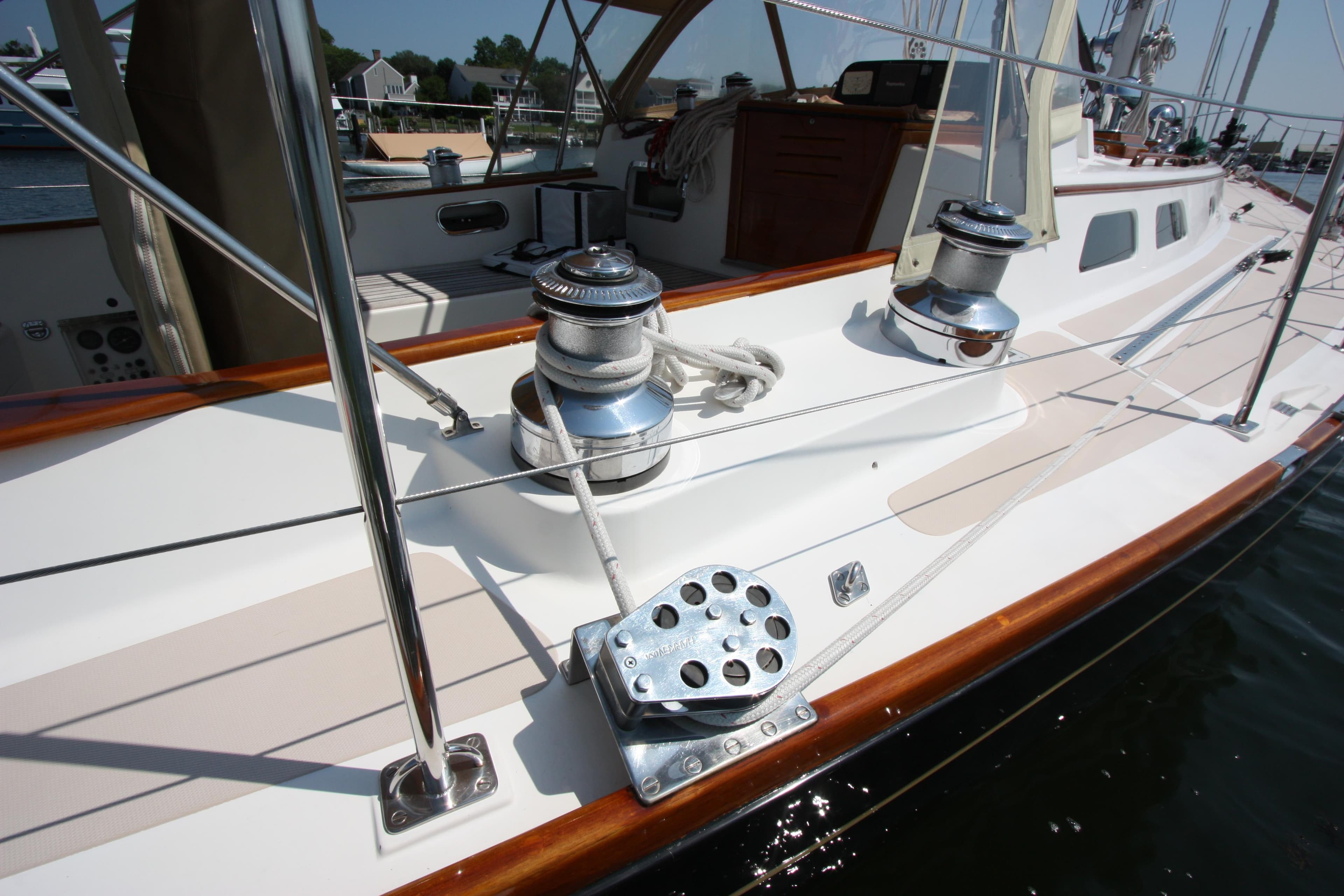 Hinckley Sou'wester 51 sailboat deck, 1993 model, featuring winches and rigging details.