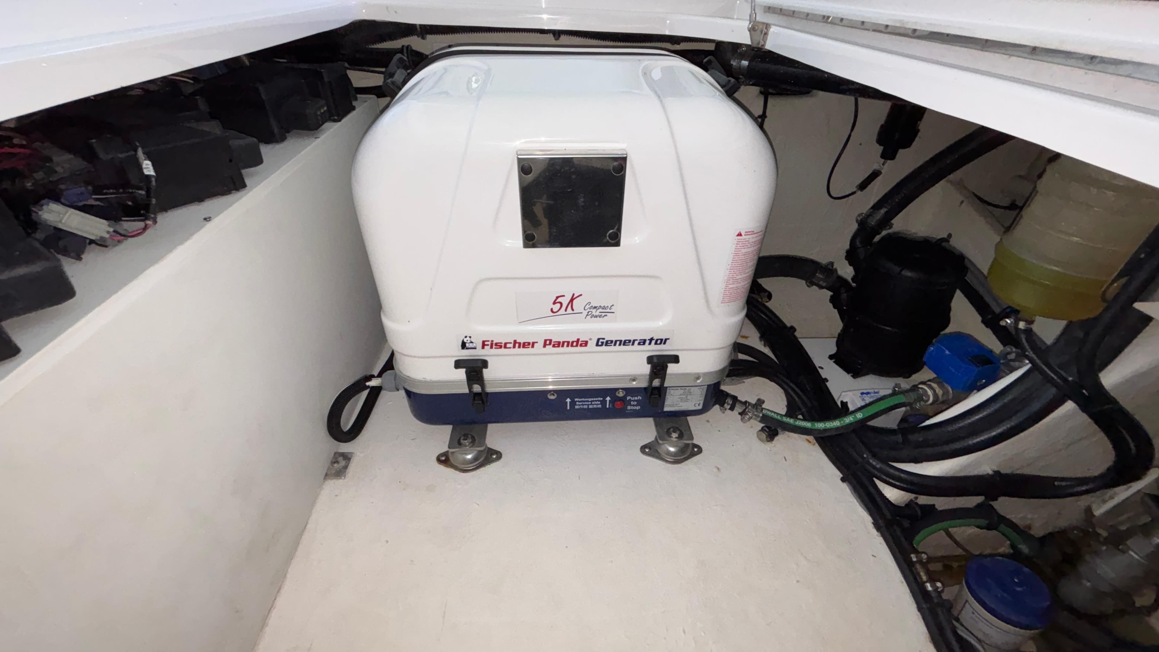 Fischer Panda generator in 2024 Fountain 43 SCX boat engine compartment.