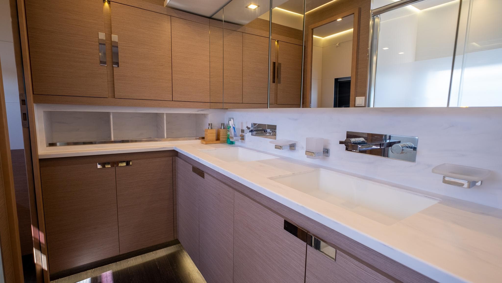 Luxurious bathroom interior of 2023 Fountaine Pajot Catamaran Alegria 67 with modern fixtures.