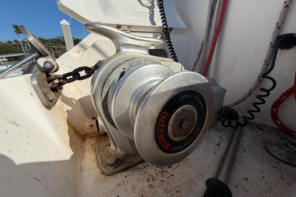 Anchor windlass on a 2000 Leopard 38 catamaran, featuring Lofrans brand.