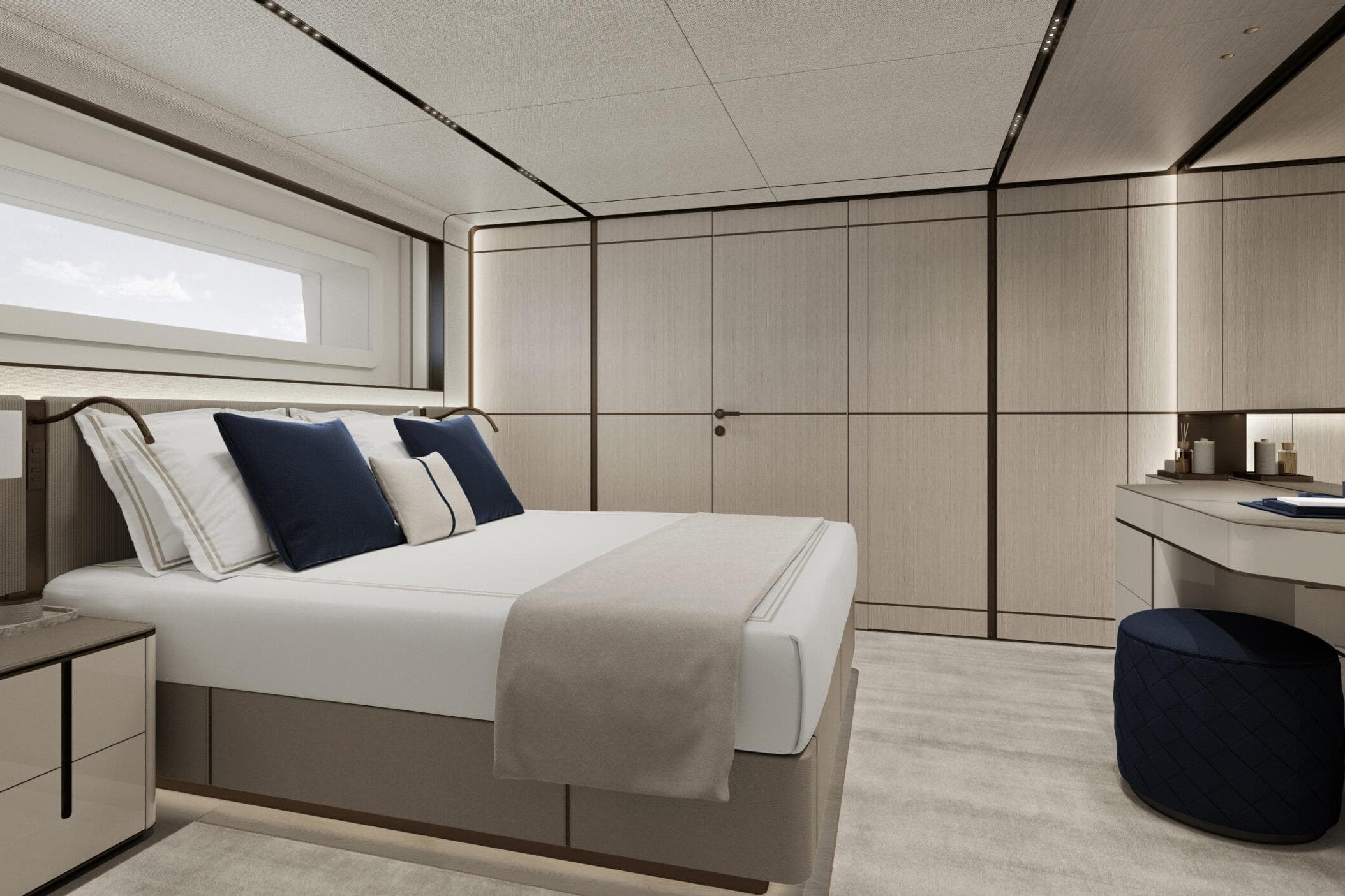 Luxurious bedroom interior on ISA Unica 45m Steel yacht, 2027 model, featuring modern design.