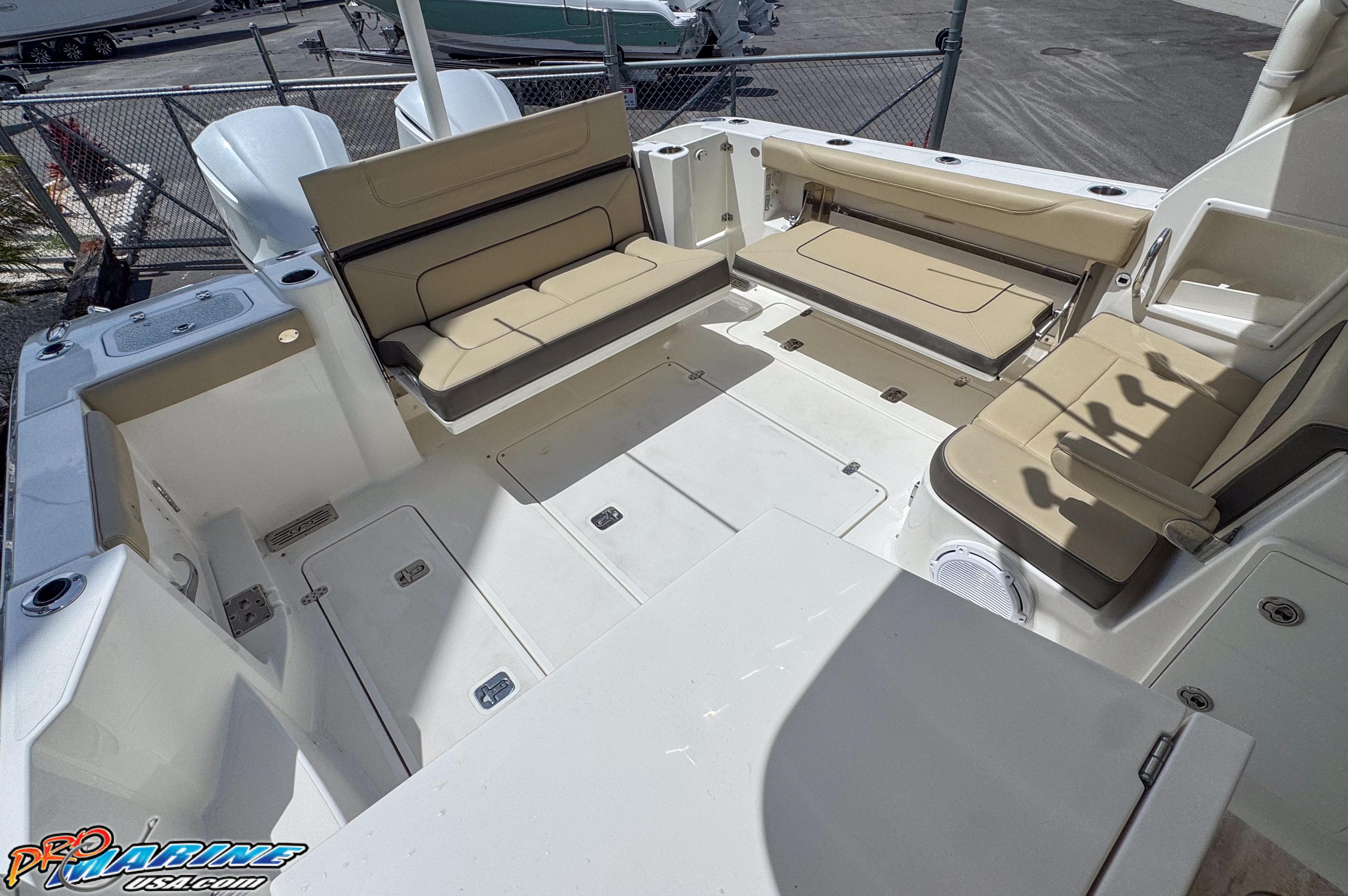 2021 Pursuit DC 326 Dual Console boat with spacious seating and storage.