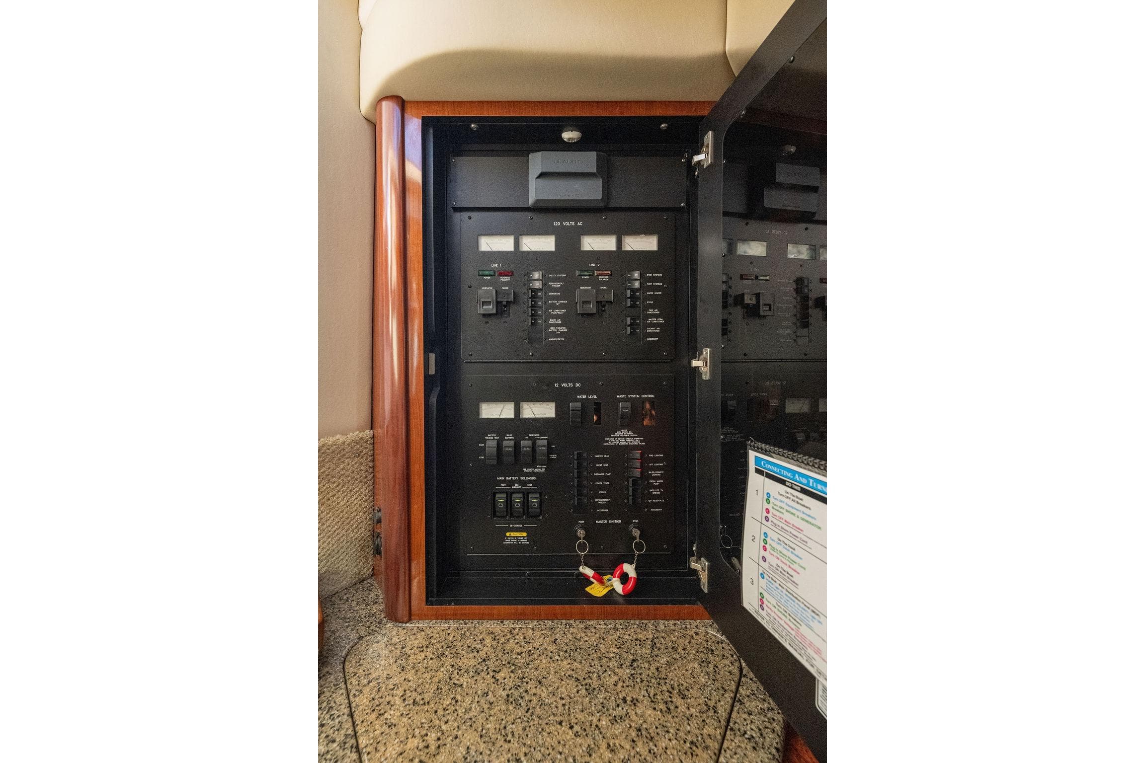 Electrical panel inside 2005 Sea Ray 420 Sundancer yacht, featuring switches and controls.