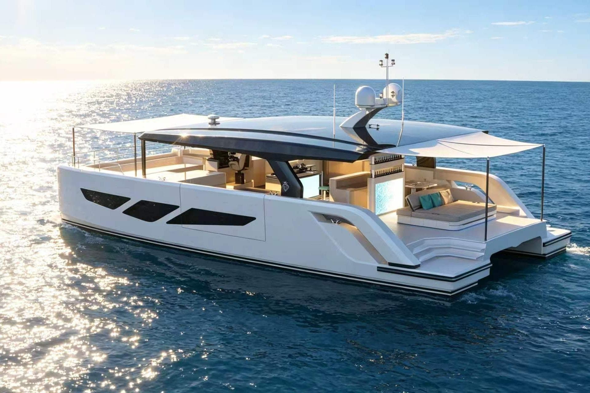 2026 Diamond Yachts P55 Power Catamaran cruising on open sea under clear skies.