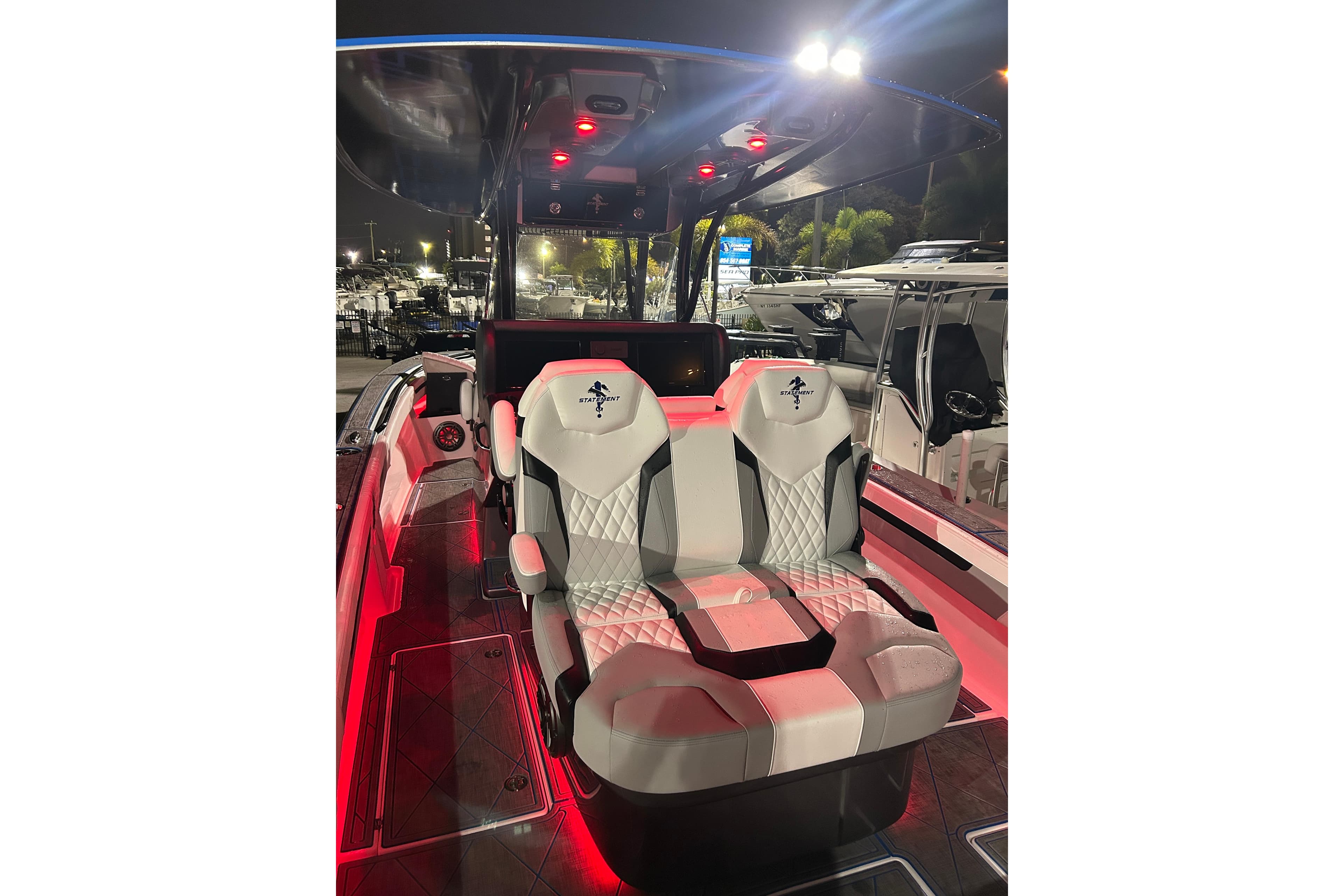 Luxury interior of 2027 Statement 350 Open boat with illuminated seating and modern design.