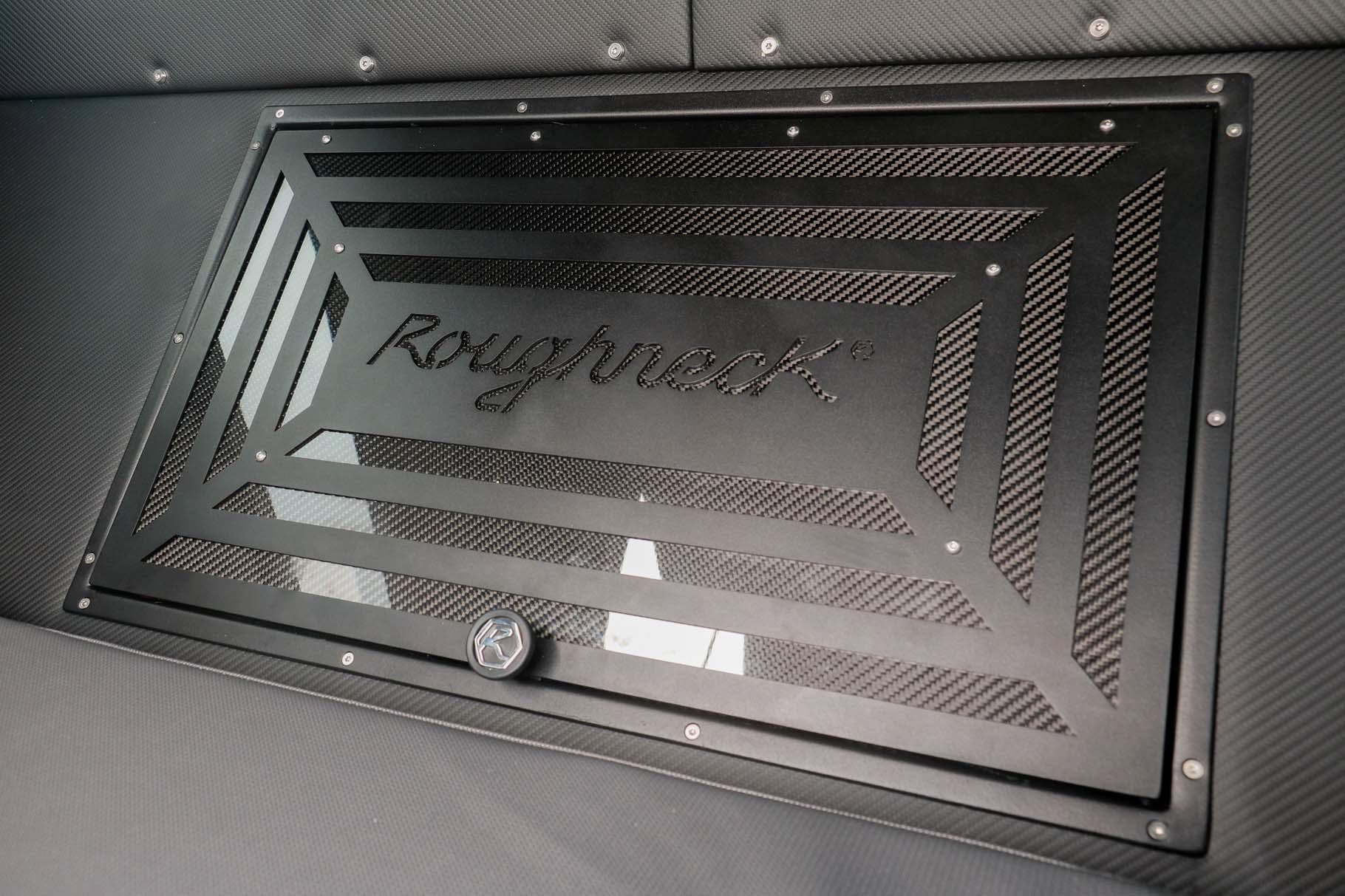 2023 Roughneck 36 T Top boat hatch with sleek black design and logo detailing.