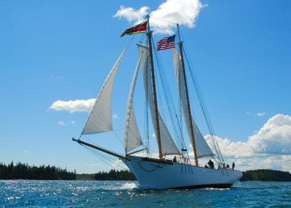 Schooner HARRIS and BISHOP 2006 sailing with flags on a sunny day.