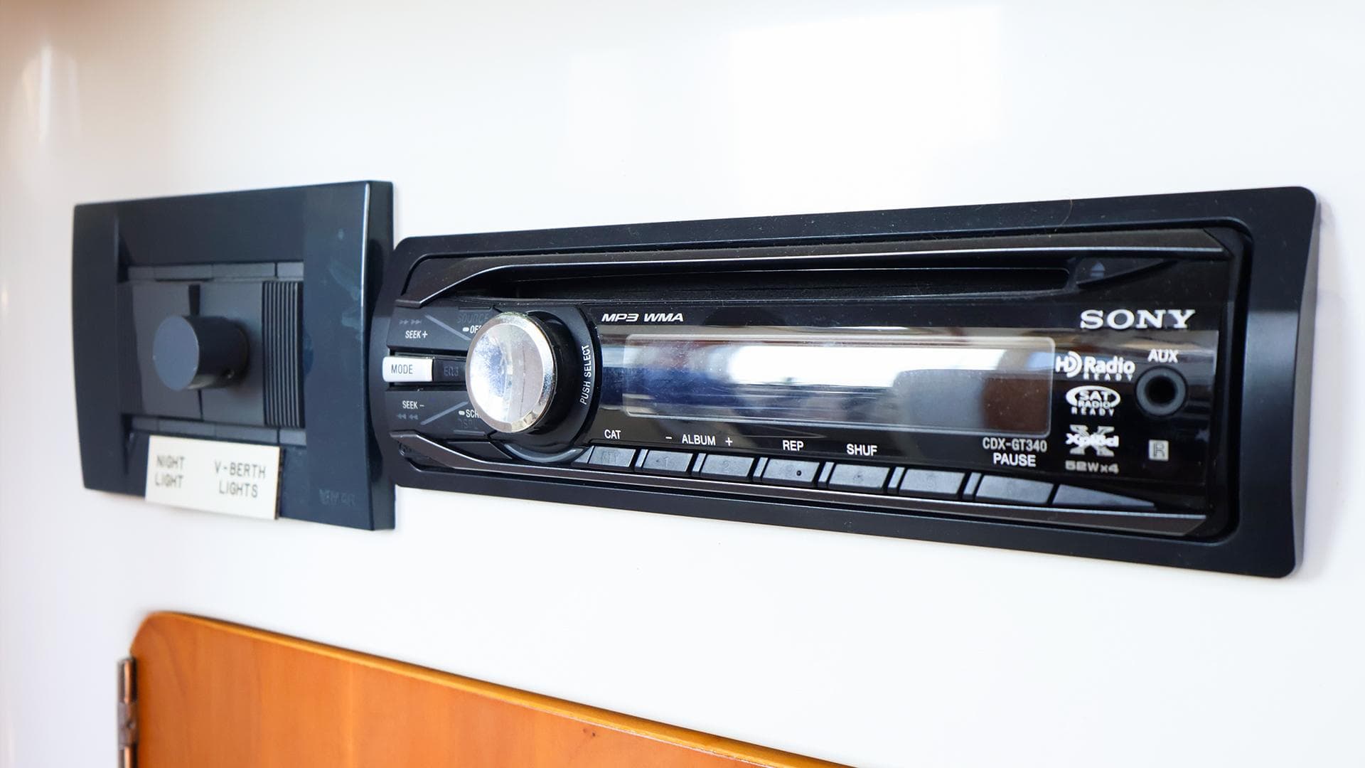Sony CDX-GT340 stereo system in a 2004 True North 38 boat interior.