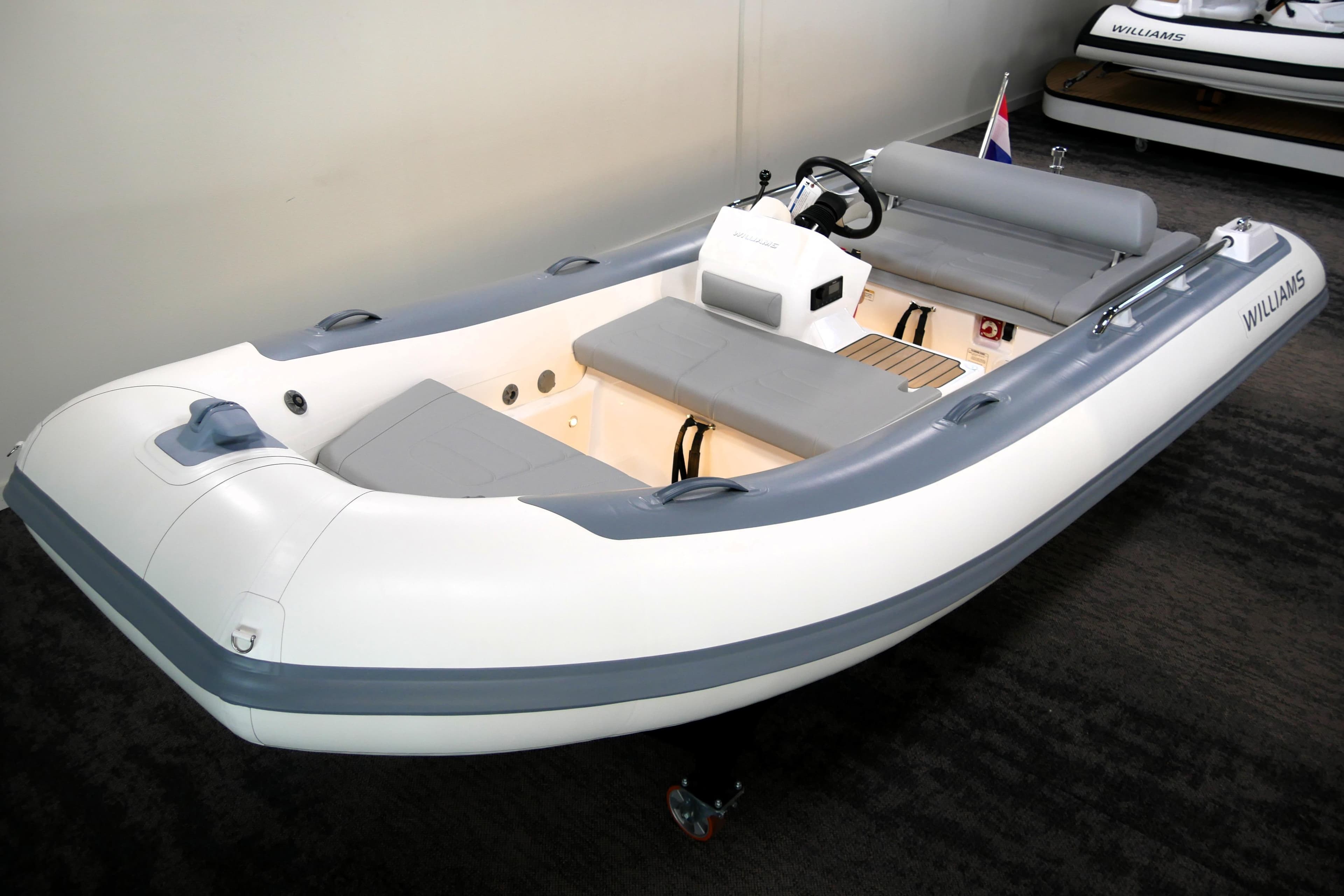 2026 Williams Jet Tenders Sportjet 435, sleek design, gray and white color scheme, modern interior.