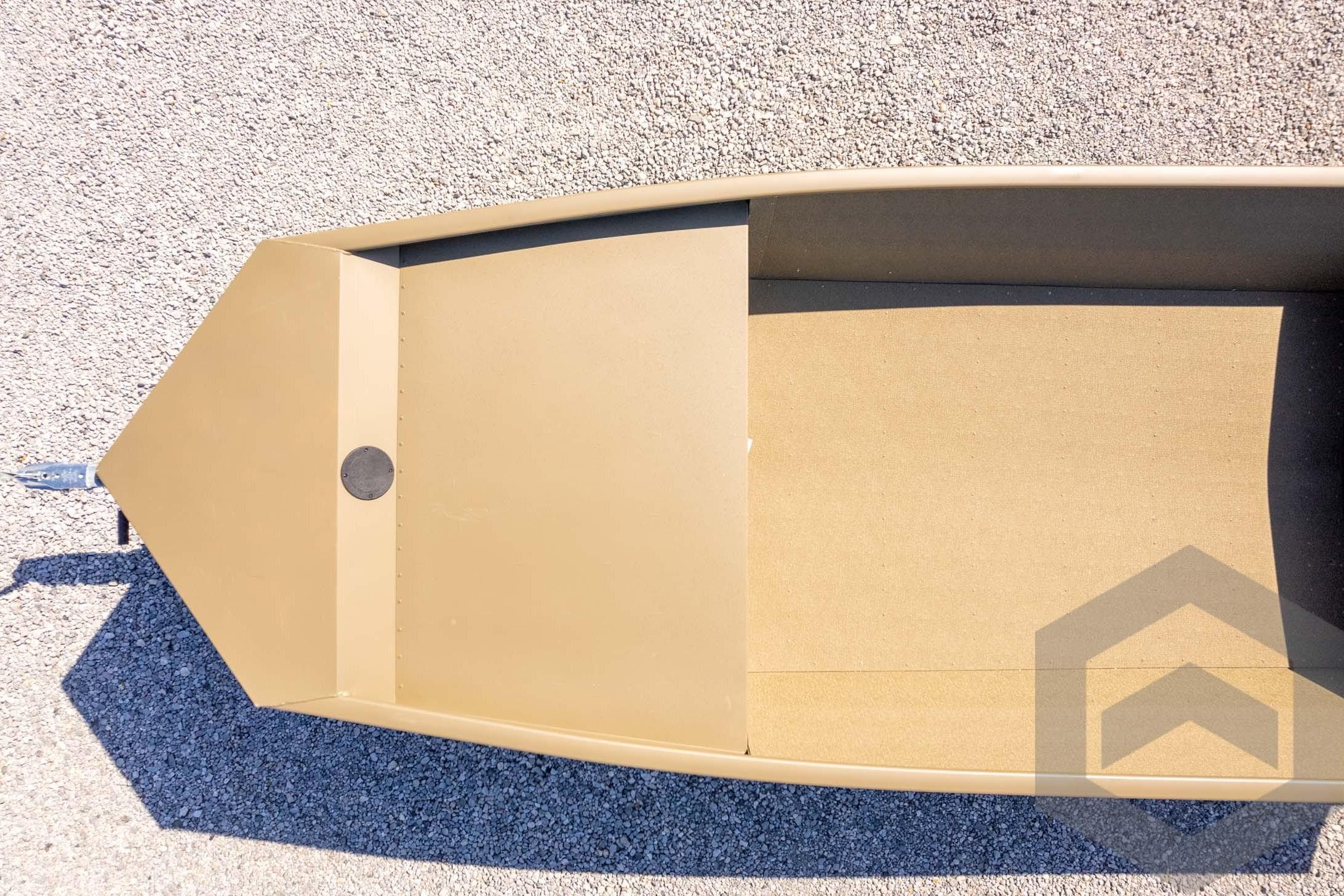 Top view of 2026 G3 Gator Tough 1652 VBW boat on gravel surface.
