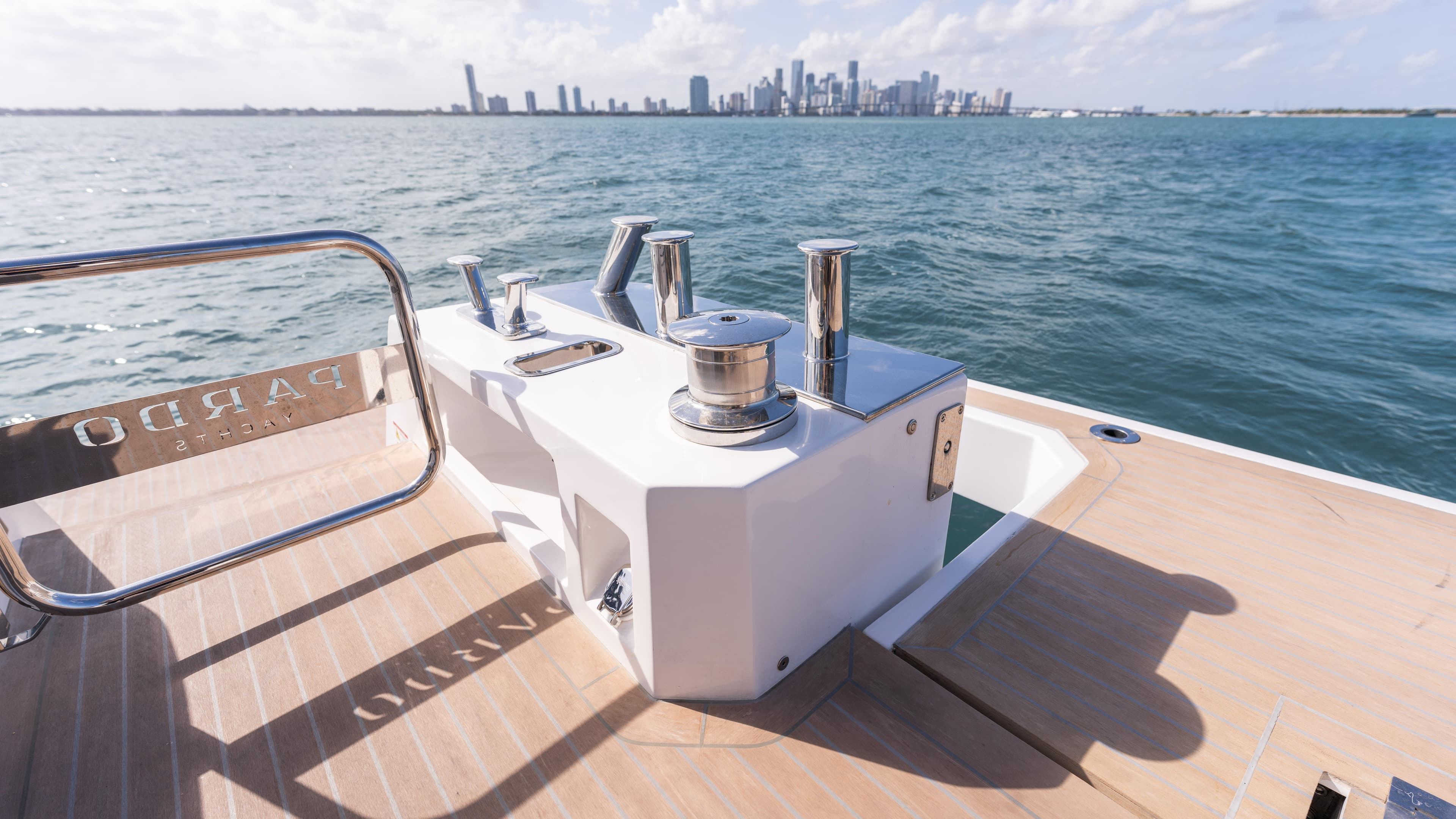 2024 Pardo Yachts E60 deck with city skyline in background.