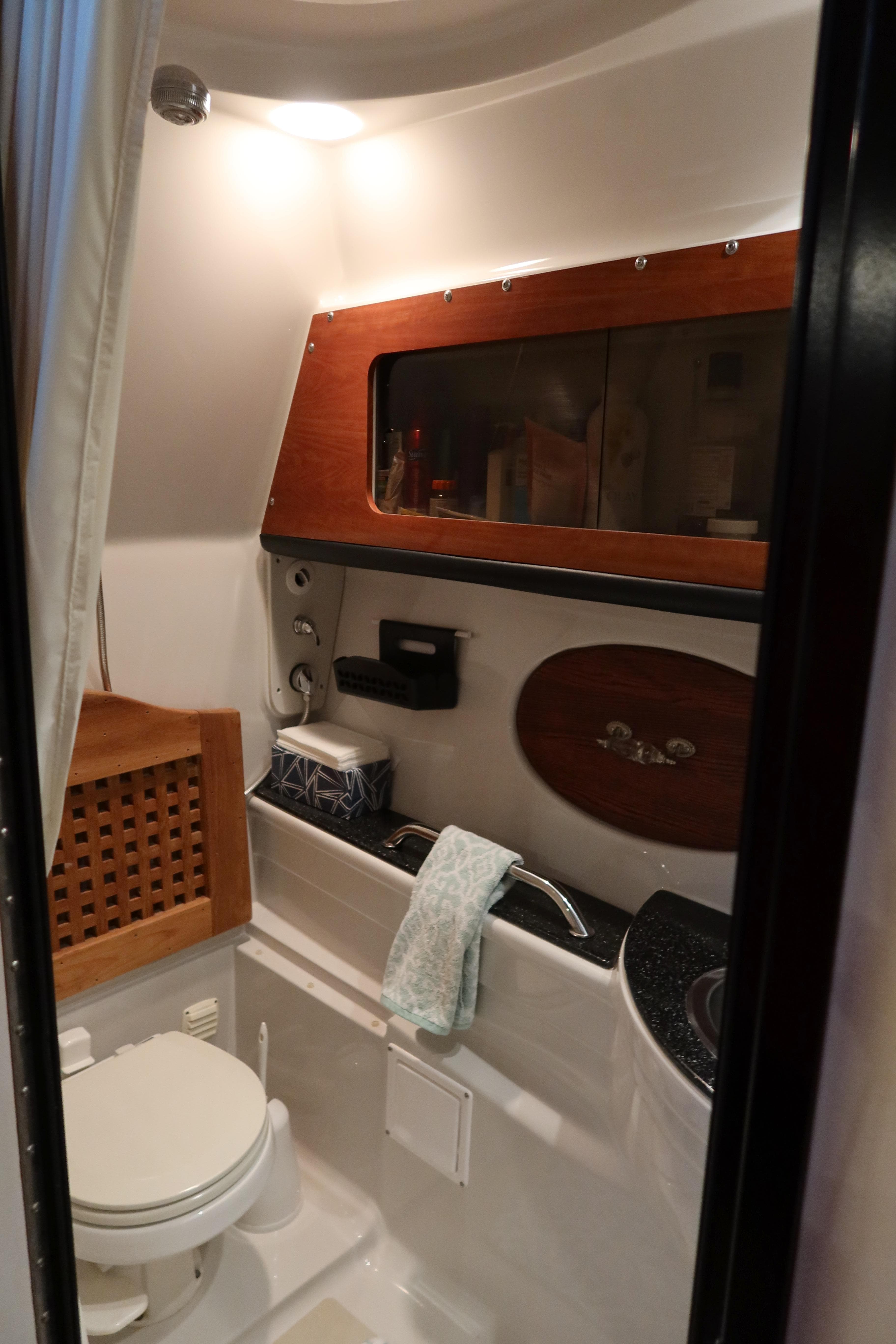 2009 Crownline 340 CR boat bathroom with modern fixtures and wooden accents.