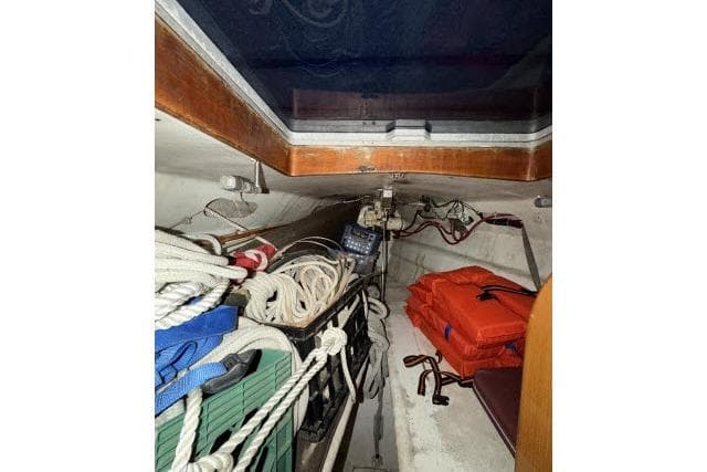 Interior of 1980 Mao Ta Skye 51 sailboat with ropes and life jackets.
